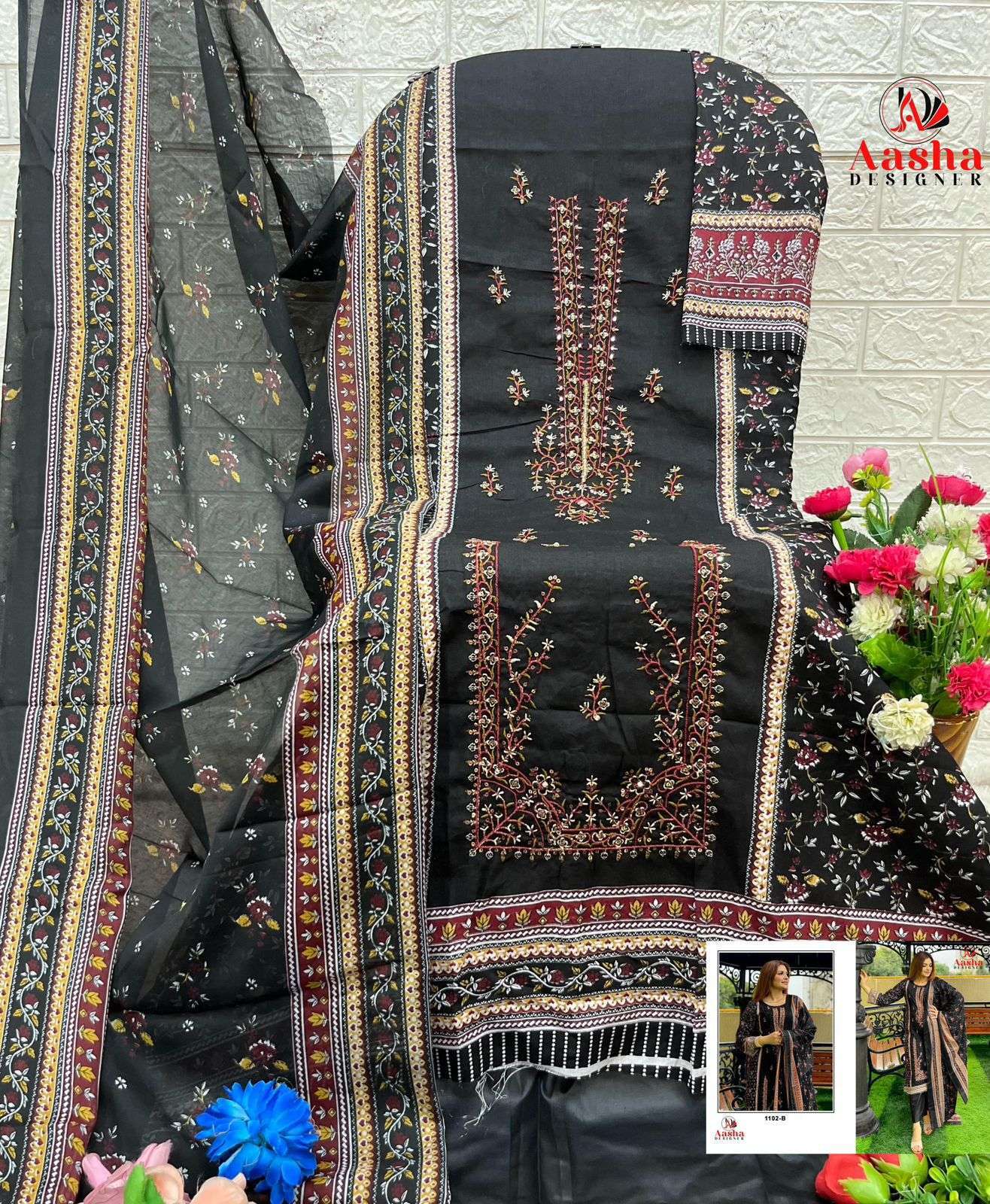 AASHA DESIGNER DESIGN NO 1102 COTTON EMBROIDERY DESIGNER WORK SUIT