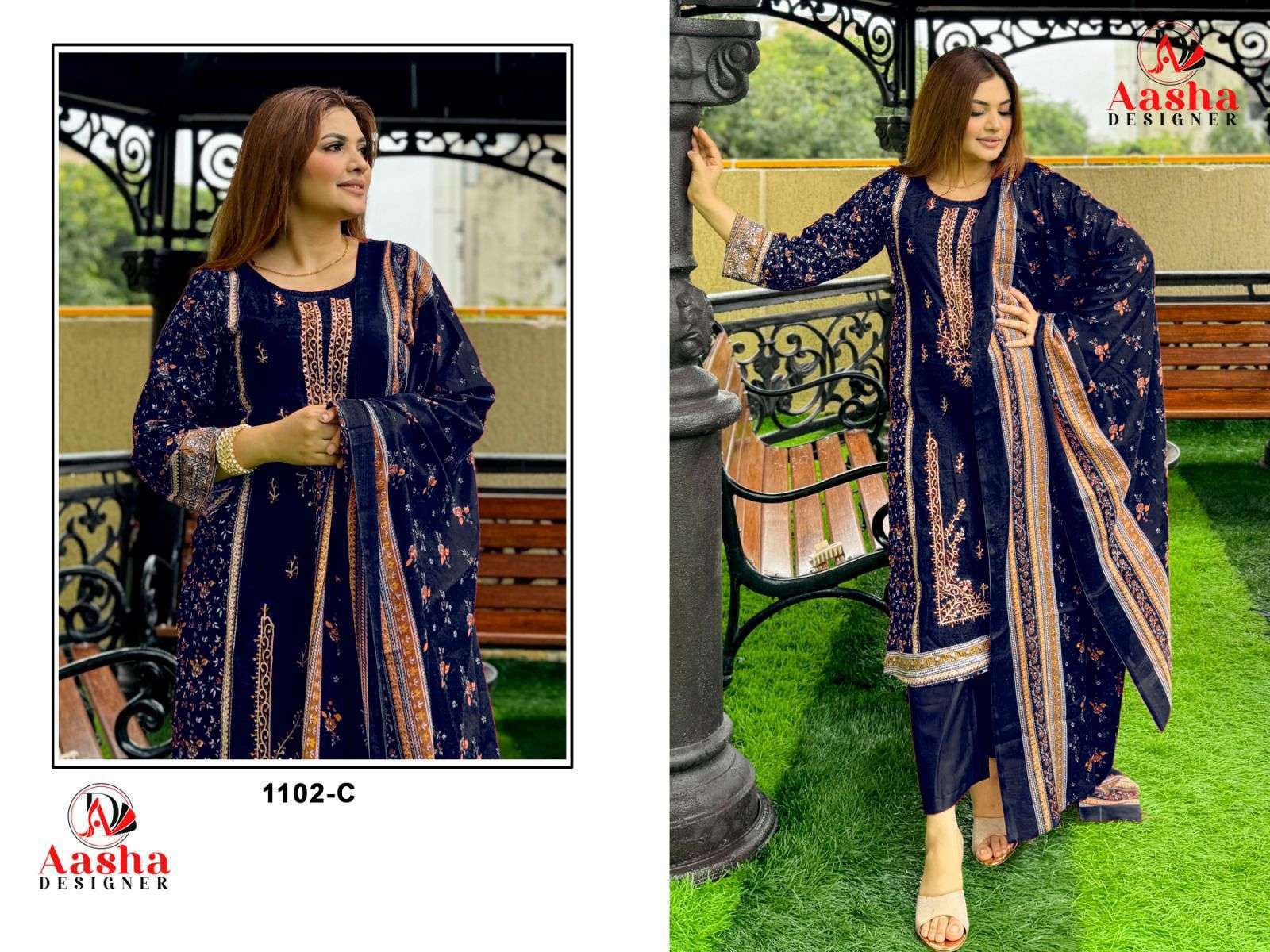 AASHA DESIGNER DESIGN NO 1102 COTTON EMBROIDERY DESIGNER WORK SUIT