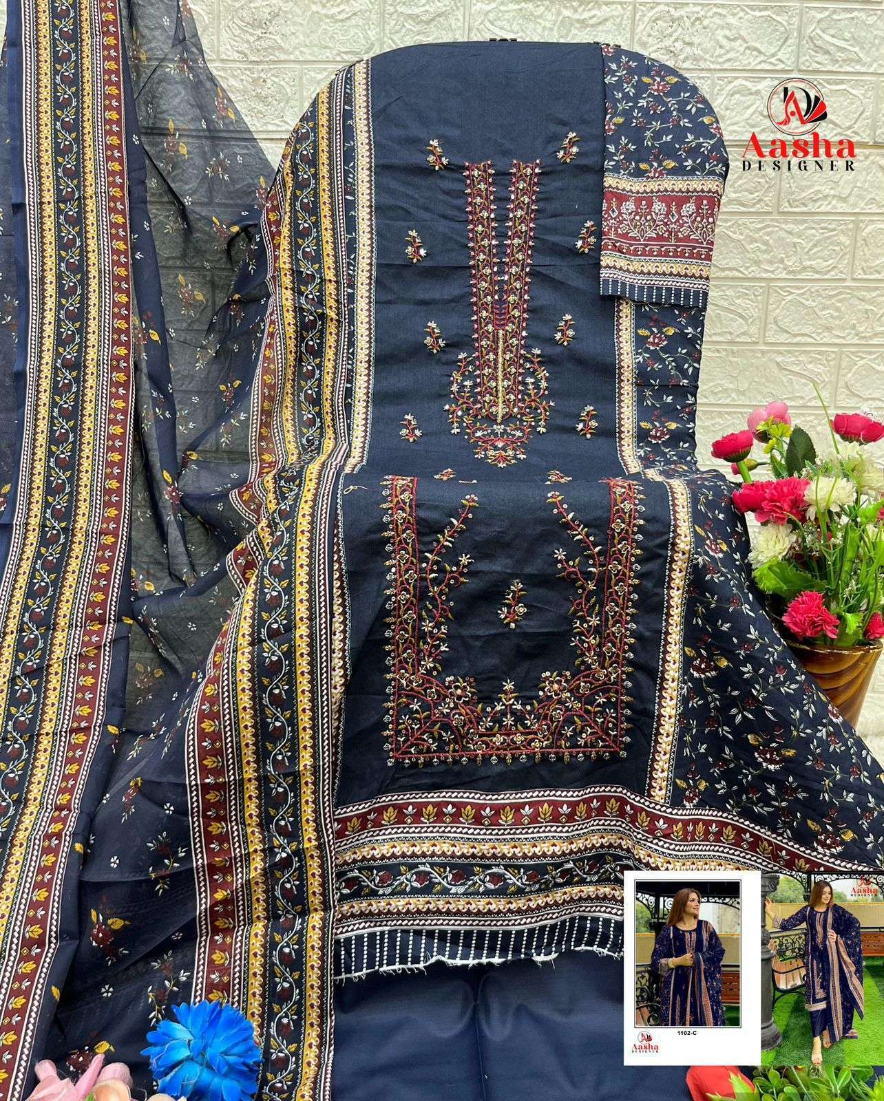 AASHA DESIGNER DESIGN NO 1102 COTTON EMBROIDERY DESIGNER WORK SUIT
