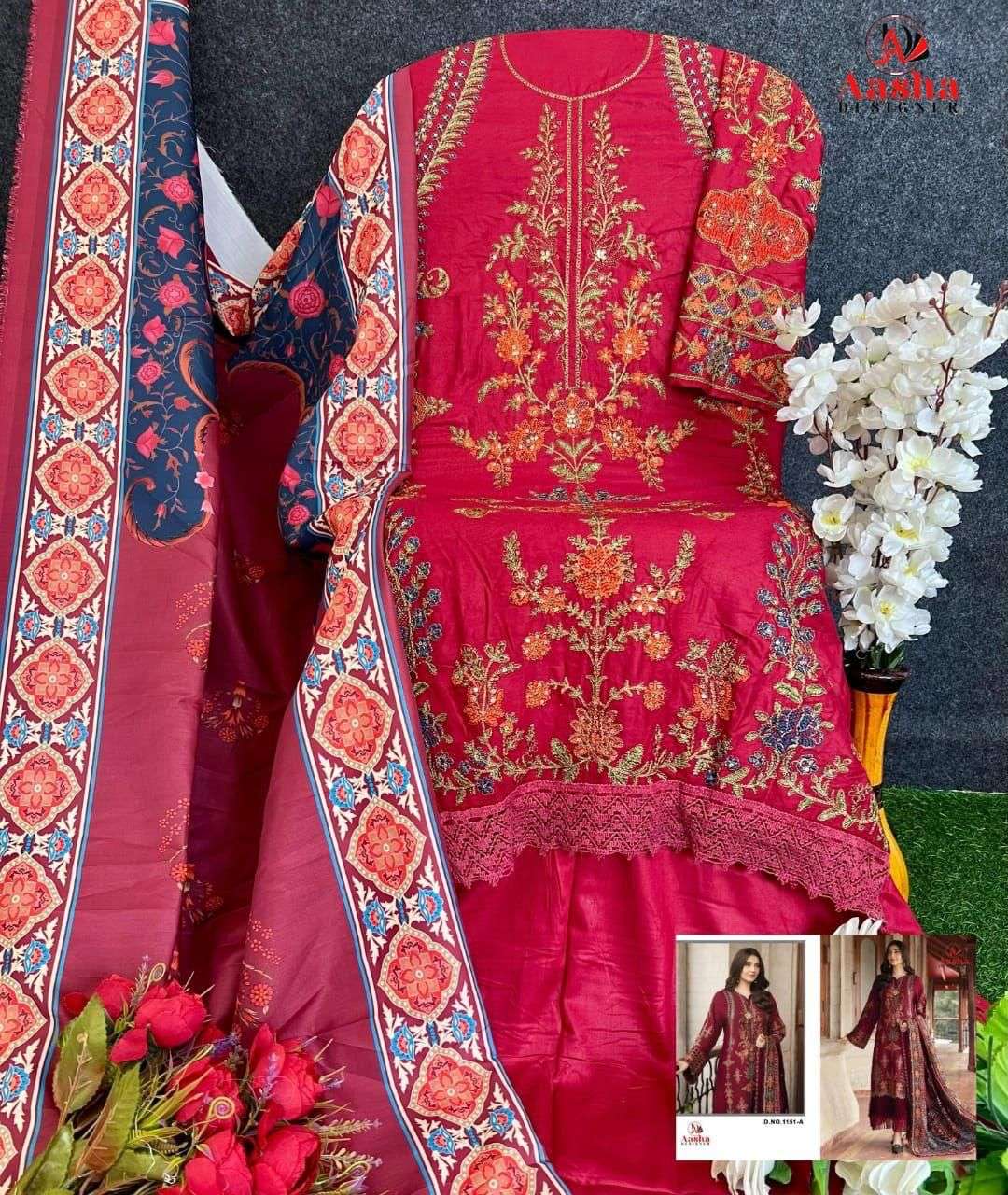  AASHA DESIGNER DESIGN NO  1151 COTTON HEAVY EMBROIDERY DESIGNER WORK SUIT