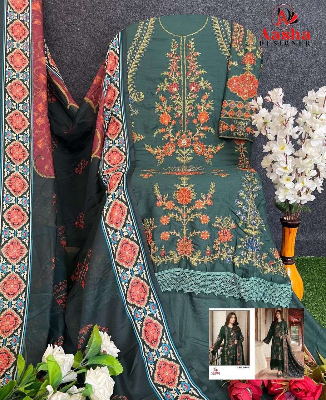  AASHA DESIGNER DESIGN NO  1151 COTTON HEAVY EMBROIDERY DESIGNER WORK SUIT
