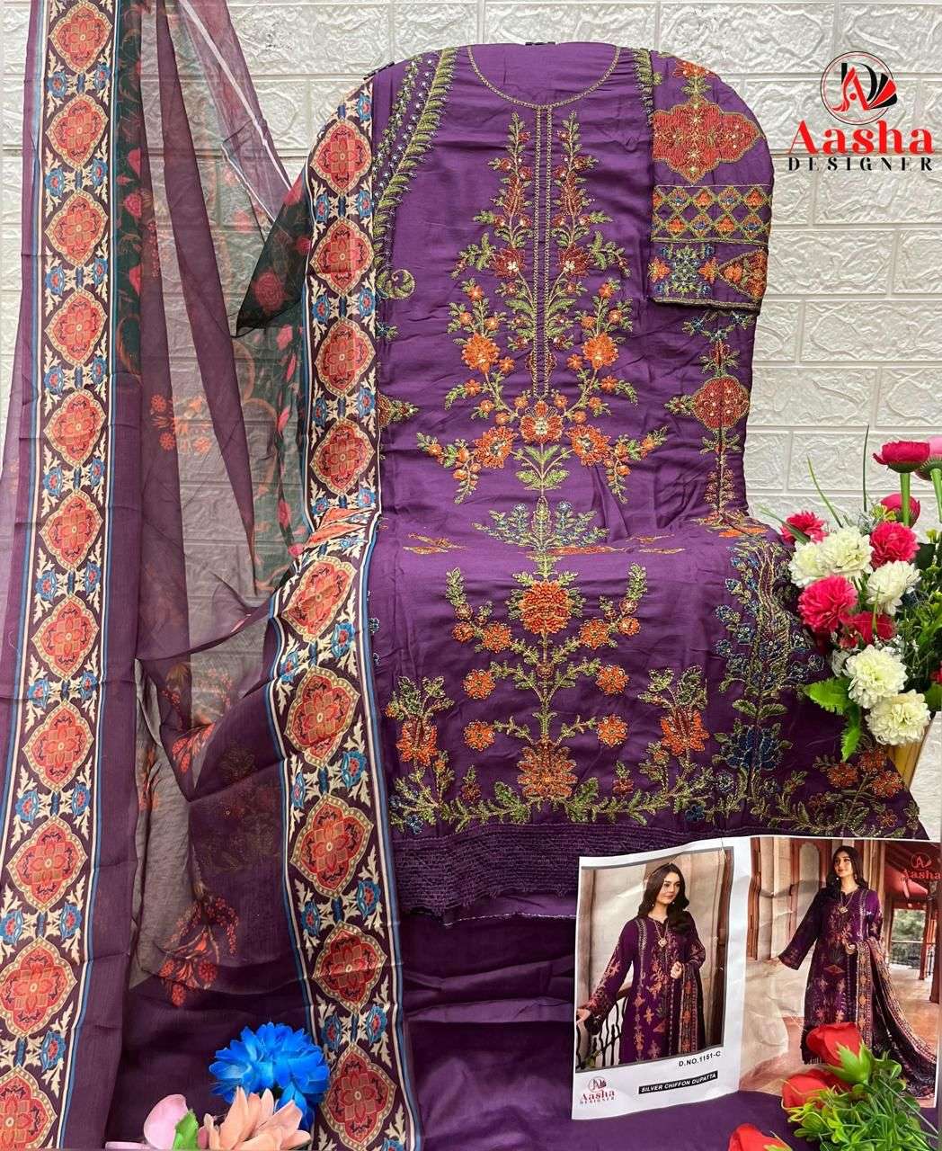  AASHA DESIGNER DESIGN NO  1151 COTTON HEAVY EMBROIDERY DESIGNER WORK SUIT