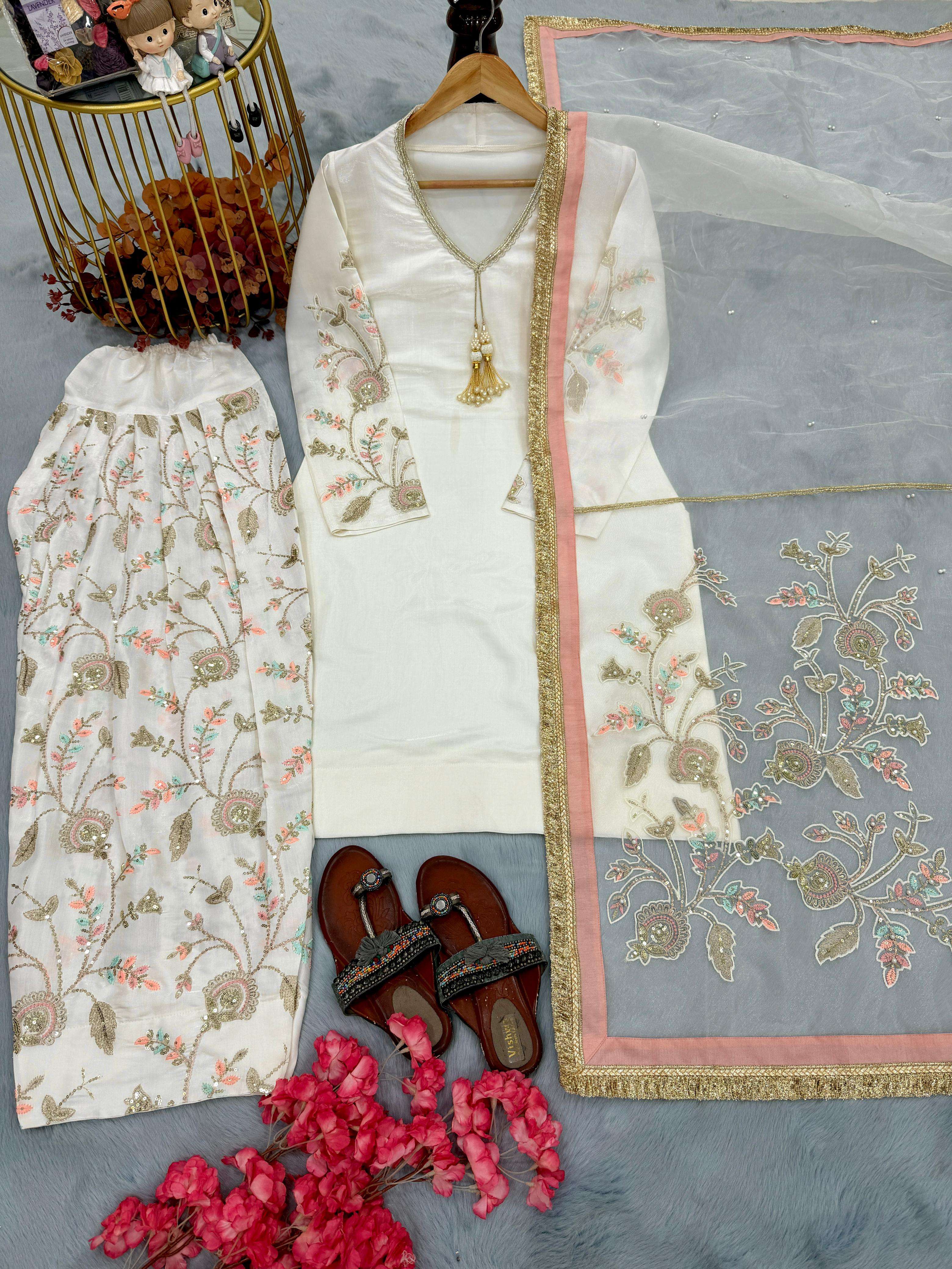 AD 225 DESIGNER PARTY WEAR LOOK TOP FARSHI PLAZZO AND DUPATTA SET 