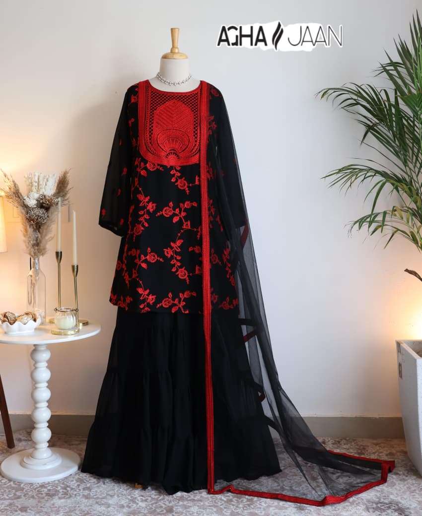 AGHAJAAN D NO 1043 GEORGETTE EMBROIDERY DESIGNER WORK READY MADE PAKISTANI SUIT