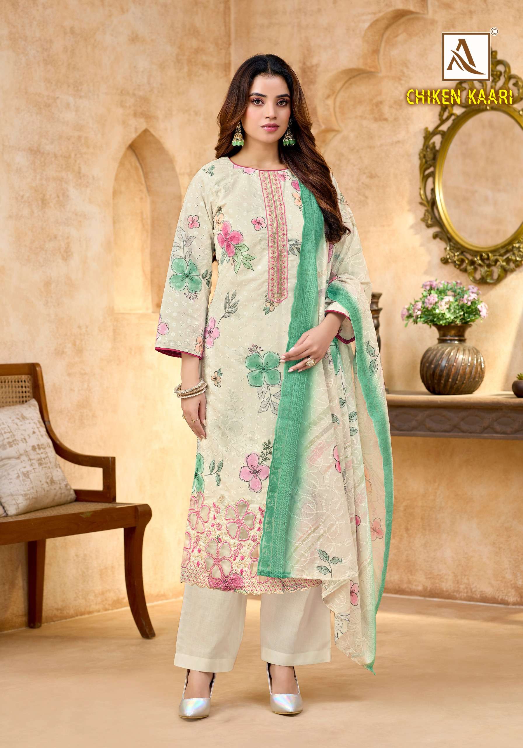 ALOK SUITS CHIKEN KAARI COTTON DIGITAL PRINT WITH FANCY EMBROIDERY WORK SUIT