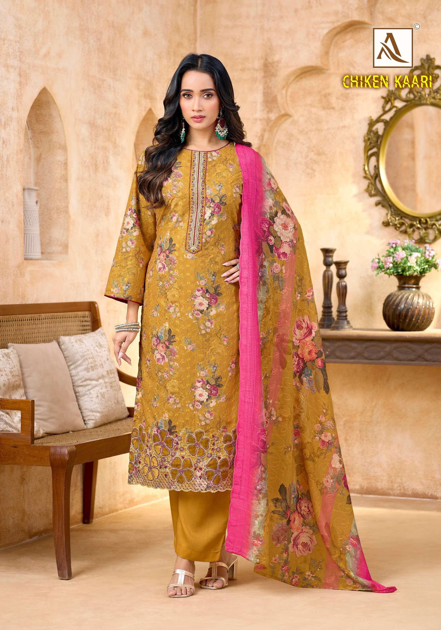 ALOK SUITS CHIKEN KAARI COTTON DIGITAL PRINT WITH FANCY EMBROIDERY WORK SUIT