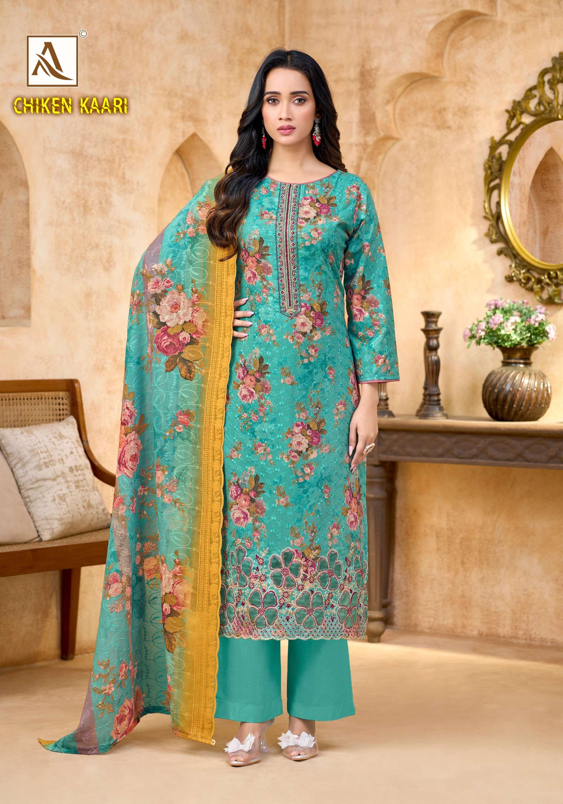 ALOK SUITS CHIKEN KAARI COTTON DIGITAL PRINT WITH FANCY EMBROIDERY WORK SUIT