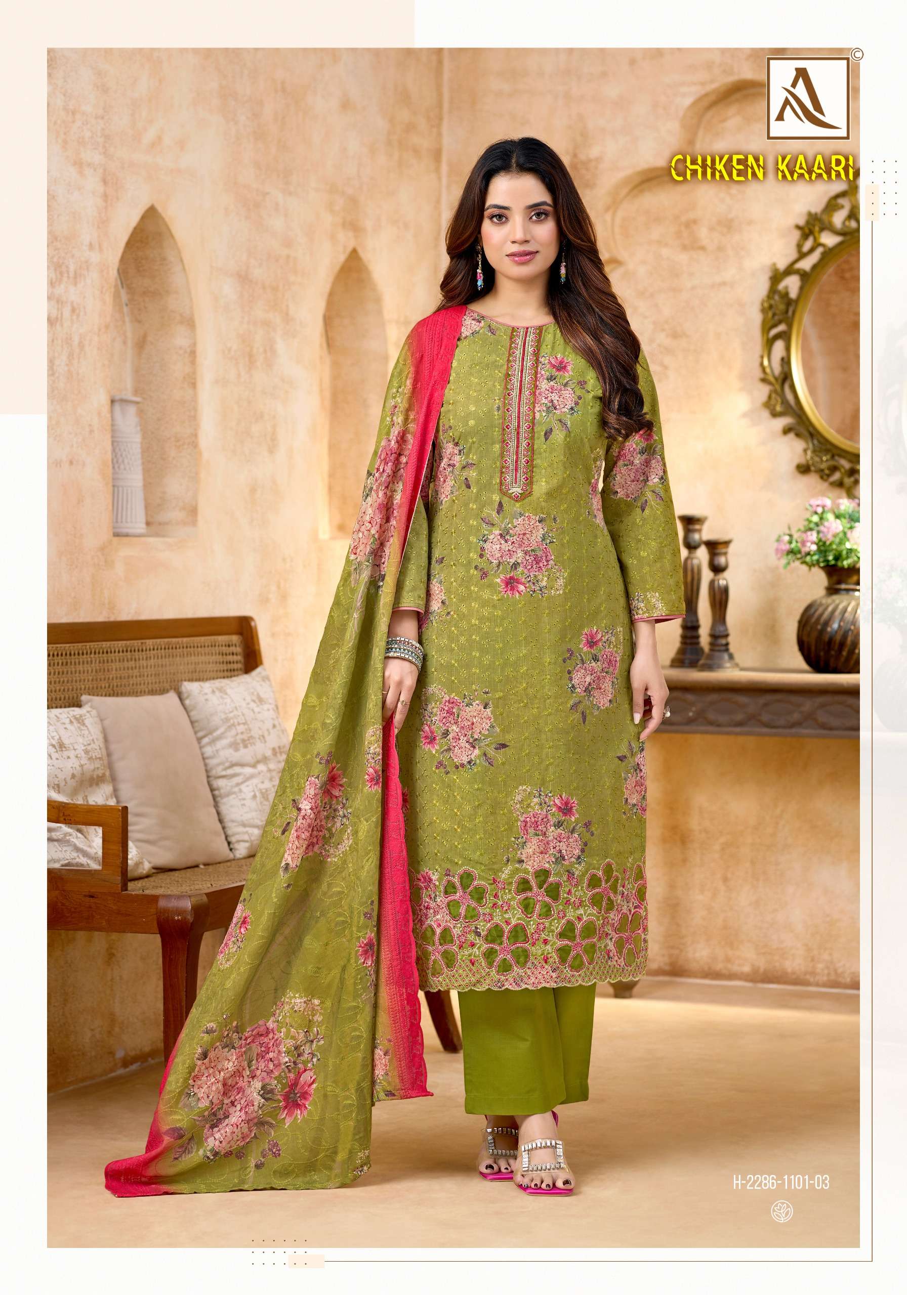 ALOK SUITS CHIKEN KAARI COTTON DIGITAL PRINT WITH FANCY EMBROIDERY WORK SUIT