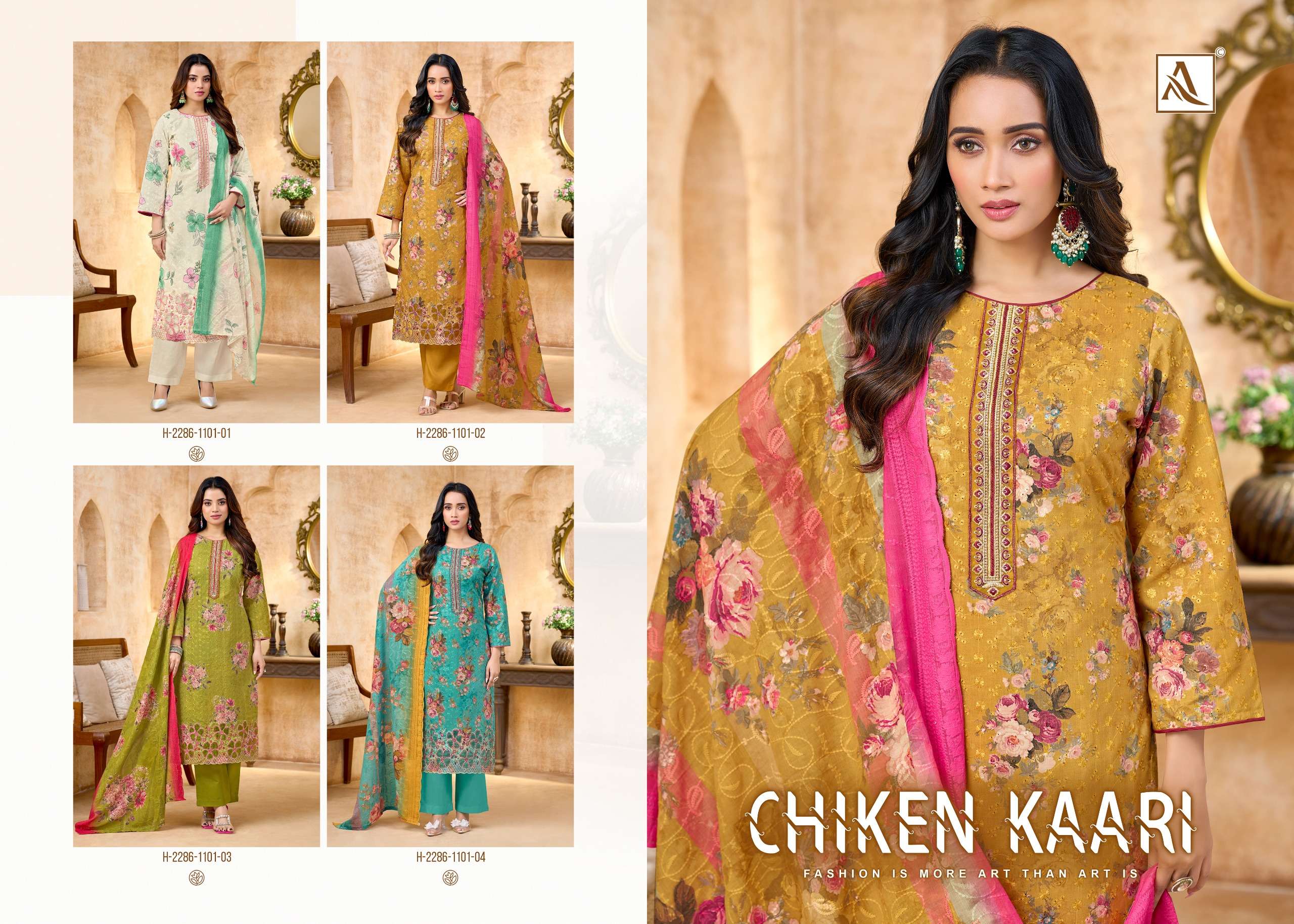 ALOK SUITS CHIKEN KAARI COTTON DIGITAL PRINT WITH FANCY EMBROIDERY WORK SUIT