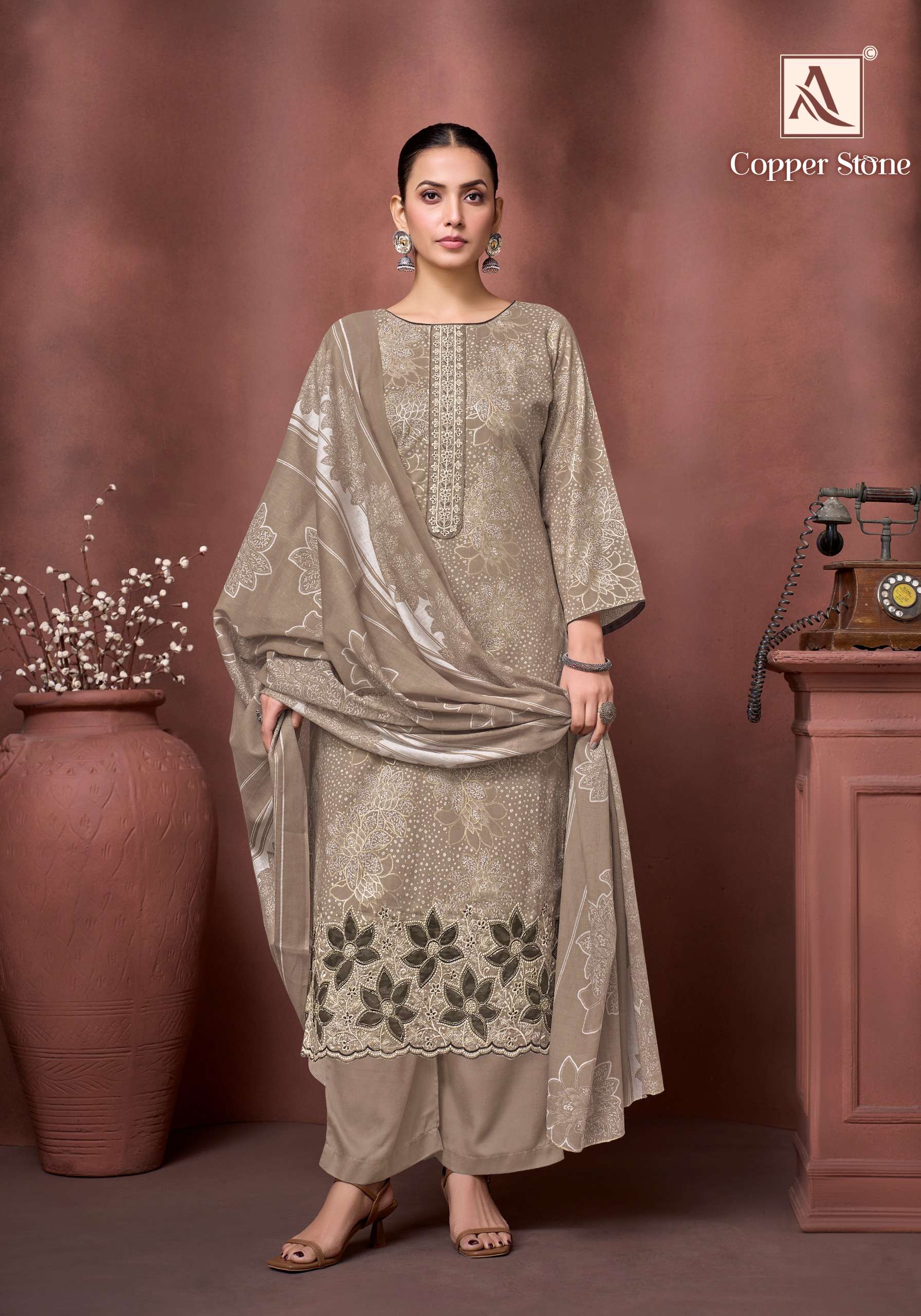 ALOK SUITS COPPER STONE COTTON FOIL PRINT WITH FANCY EMBROIDERY WORK SUIT
