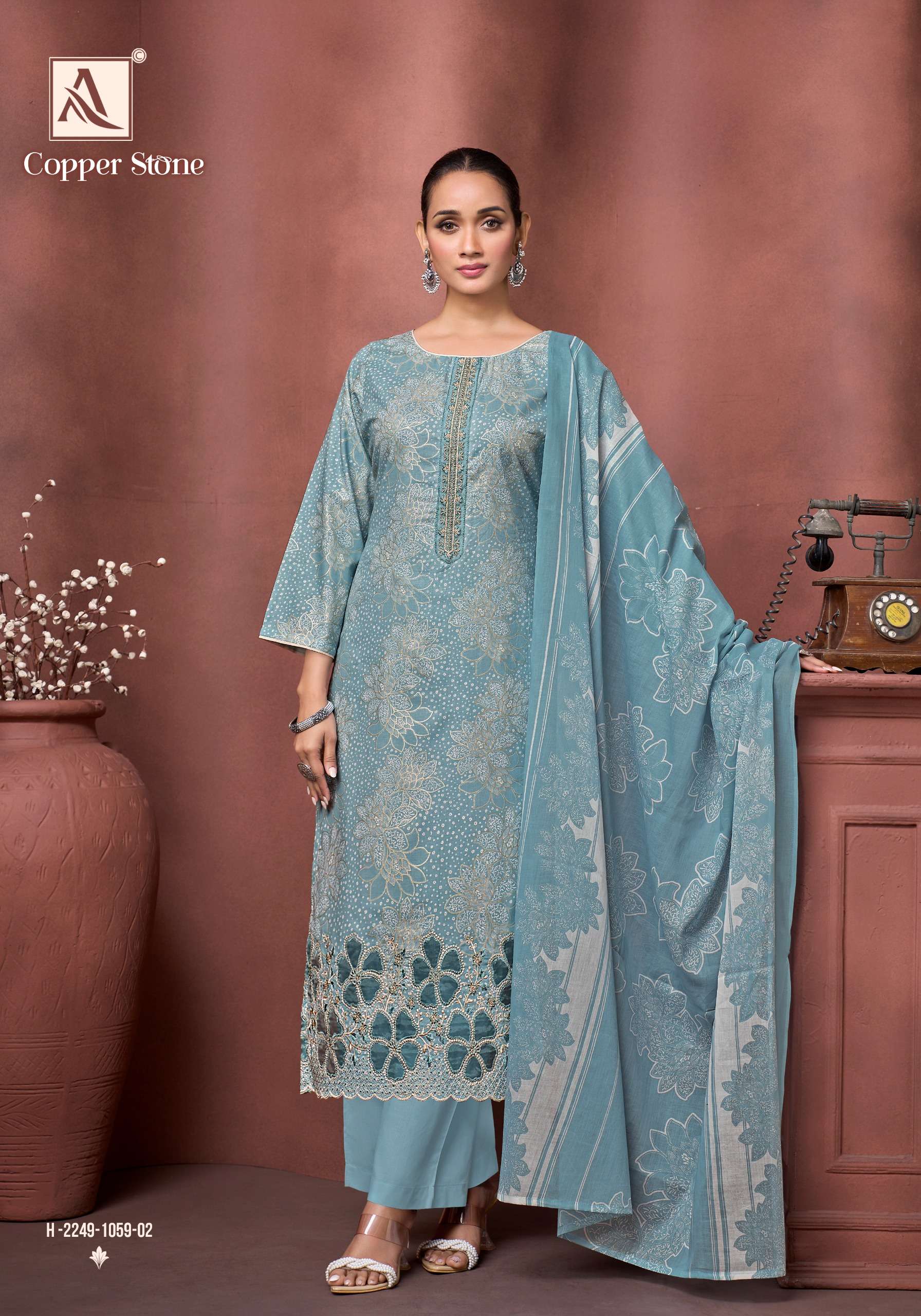 ALOK SUITS COPPER STONE COTTON FOIL PRINT WITH FANCY EMBROIDERY WORK SUIT