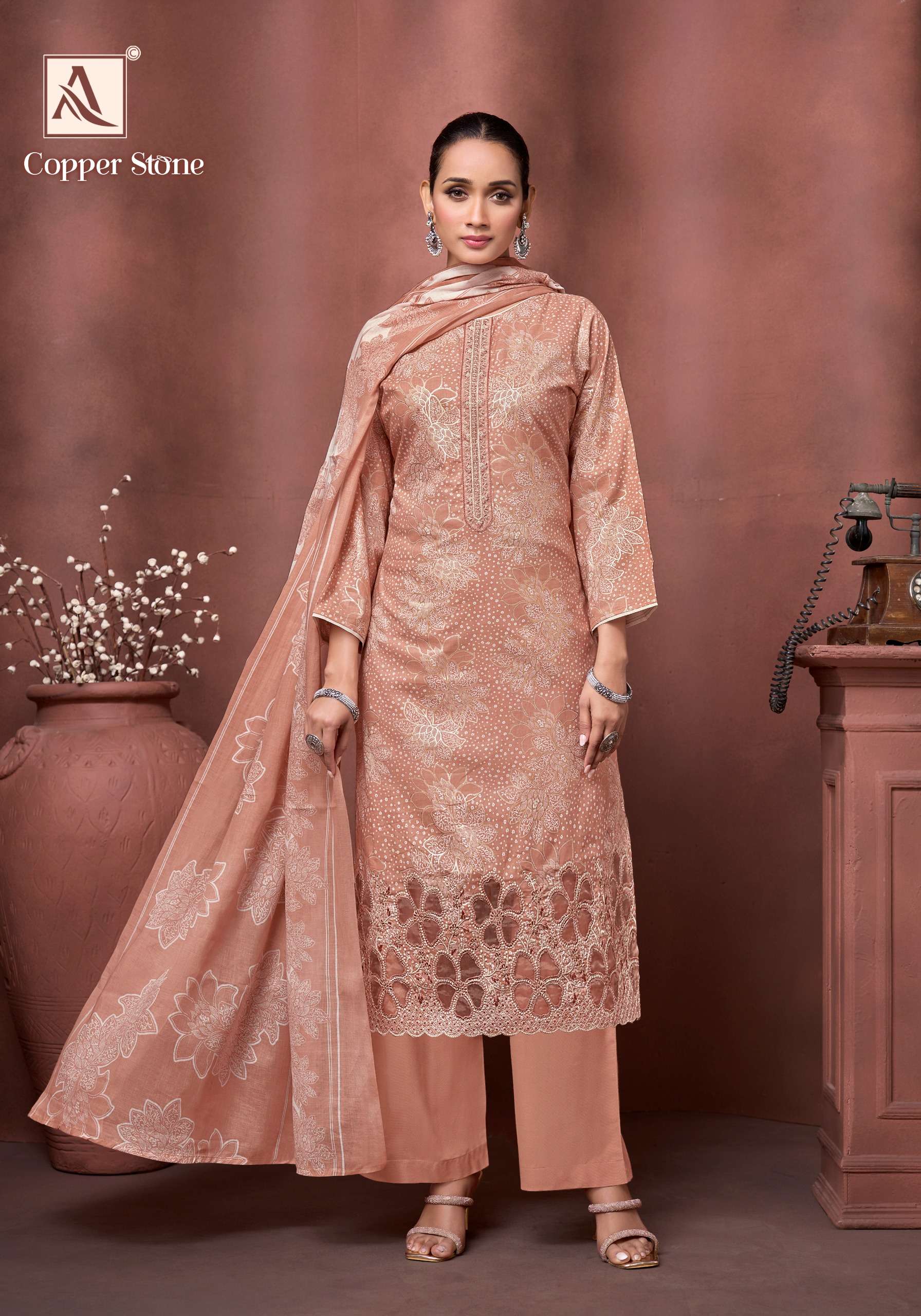 ALOK SUITS COPPER STONE COTTON FOIL PRINT WITH FANCY EMBROIDERY WORK SUIT