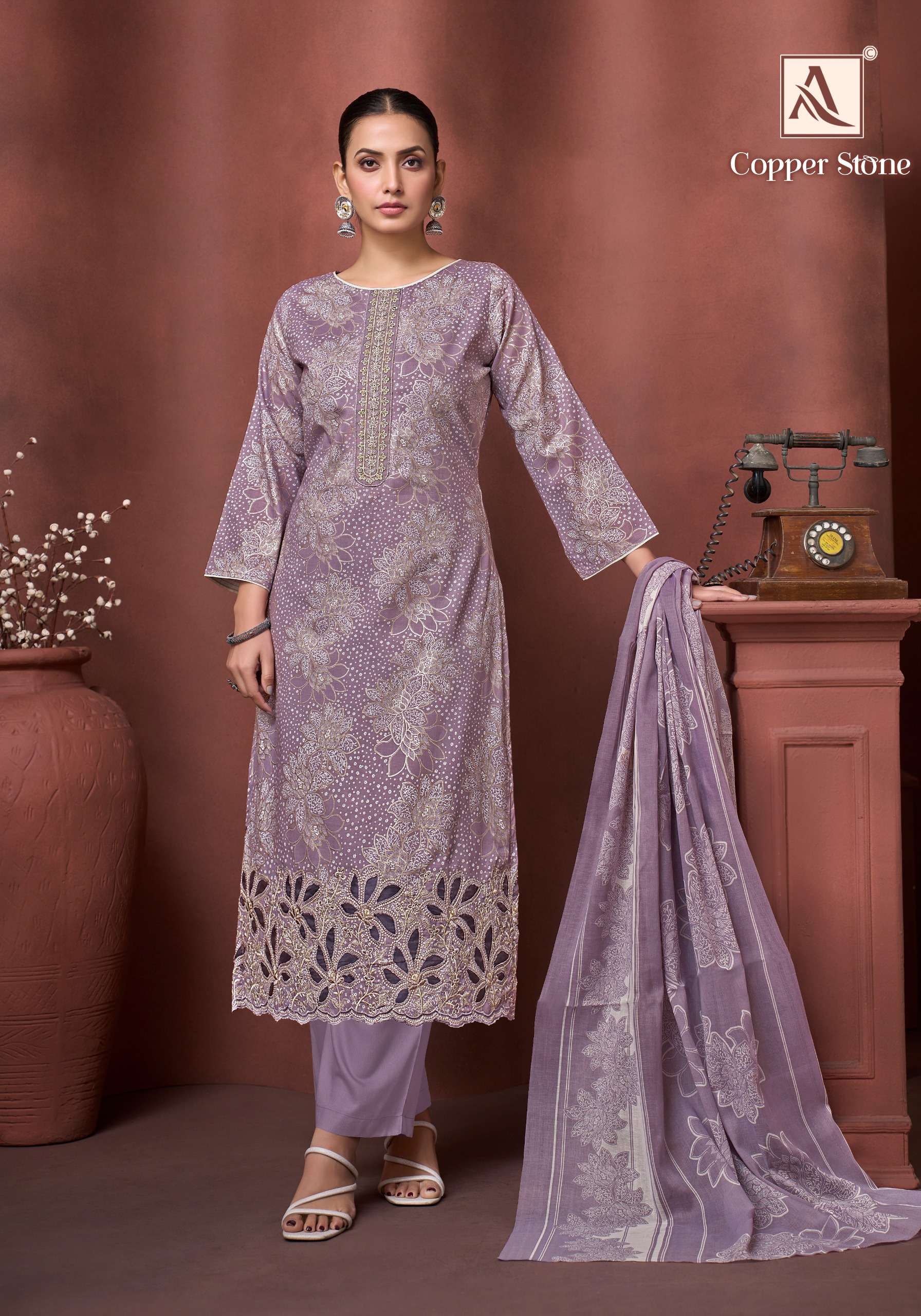ALOK SUITS COPPER STONE COTTON FOIL PRINT WITH FANCY EMBROIDERY WORK SUIT