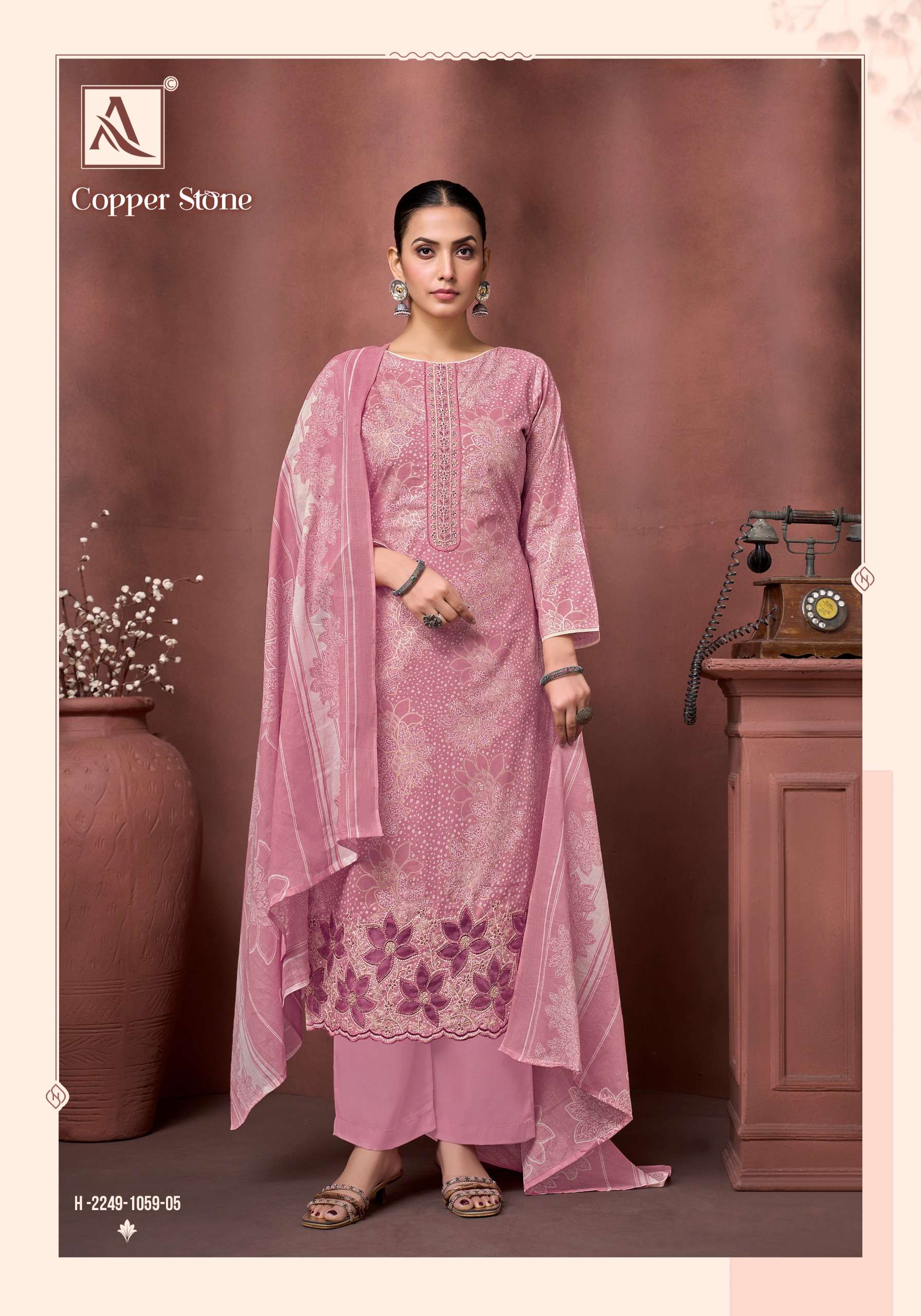 ALOK SUITS COPPER STONE COTTON FOIL PRINT WITH FANCY EMBROIDERY WORK SUIT