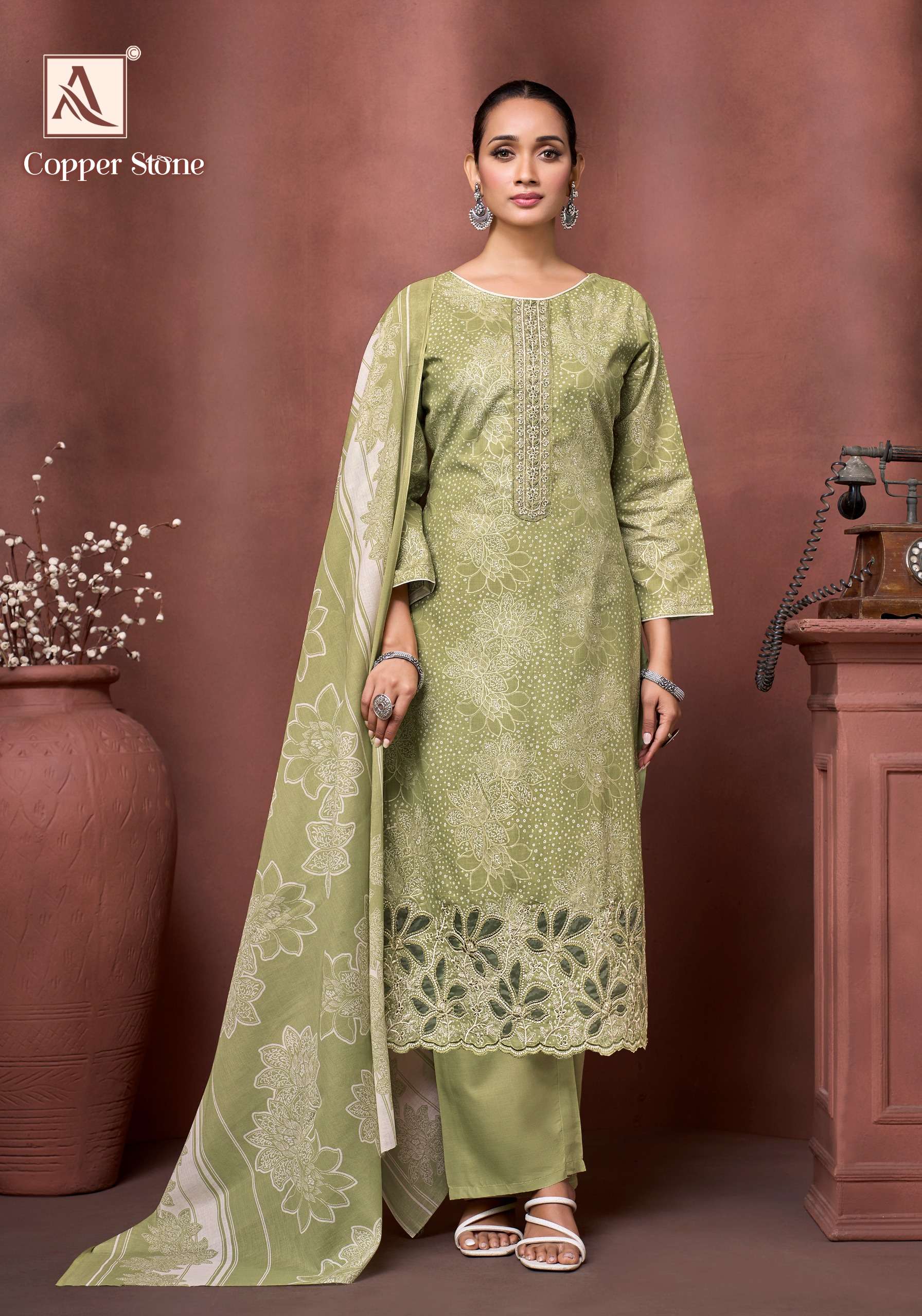 ALOK SUITS COPPER STONE COTTON FOIL PRINT WITH FANCY EMBROIDERY WORK SUIT