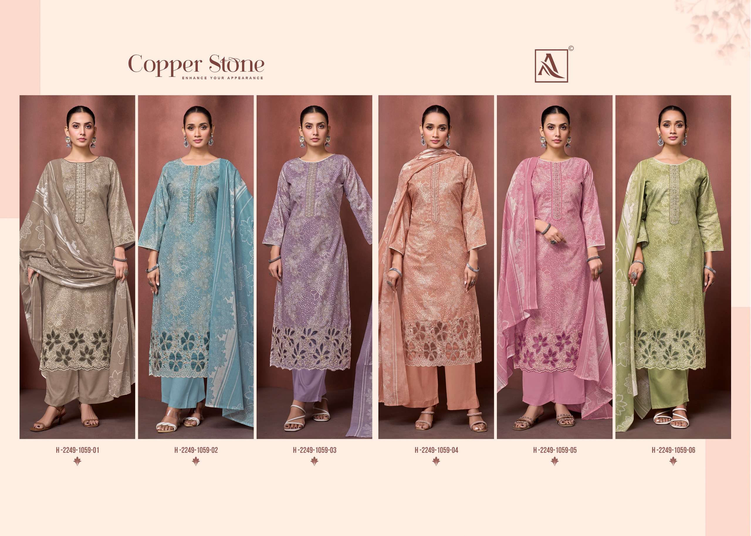 ALOK SUITS COPPER STONE COTTON FOIL PRINT WITH FANCY EMBROIDERY WORK SUIT