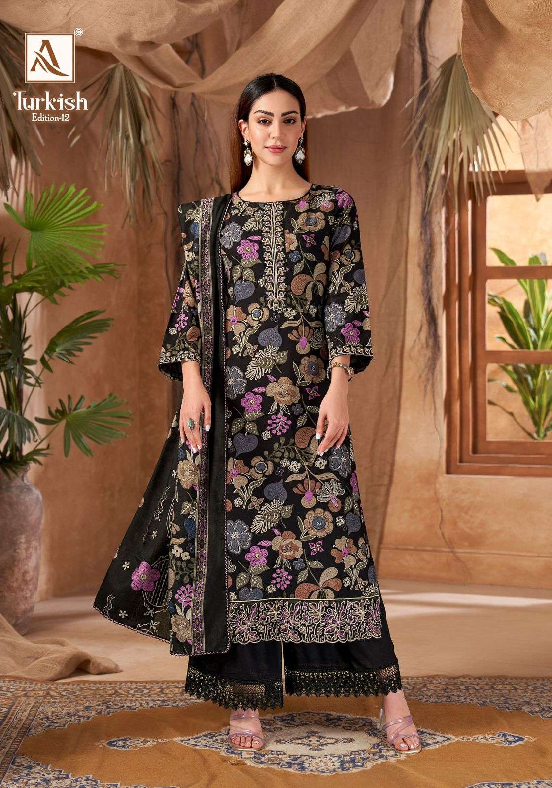 ALOK SUITS TURKISH EDITION 12 VISCOSE RAYON PRINT WITH FANCY WORK SUIT	