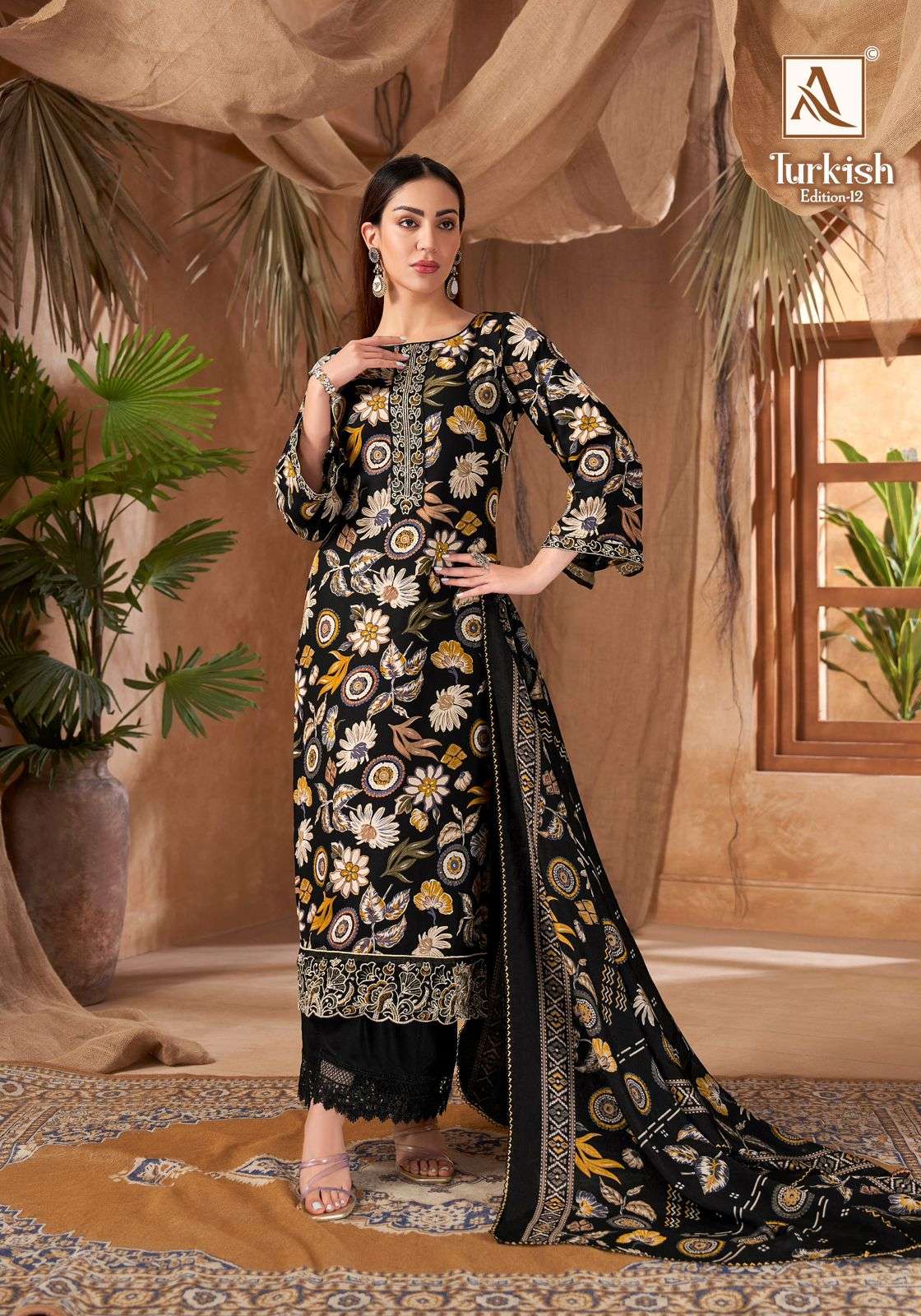 ALOK SUITS TURKISH EDITION 12 VISCOSE RAYON PRINT WITH FANCY WORK SUIT	