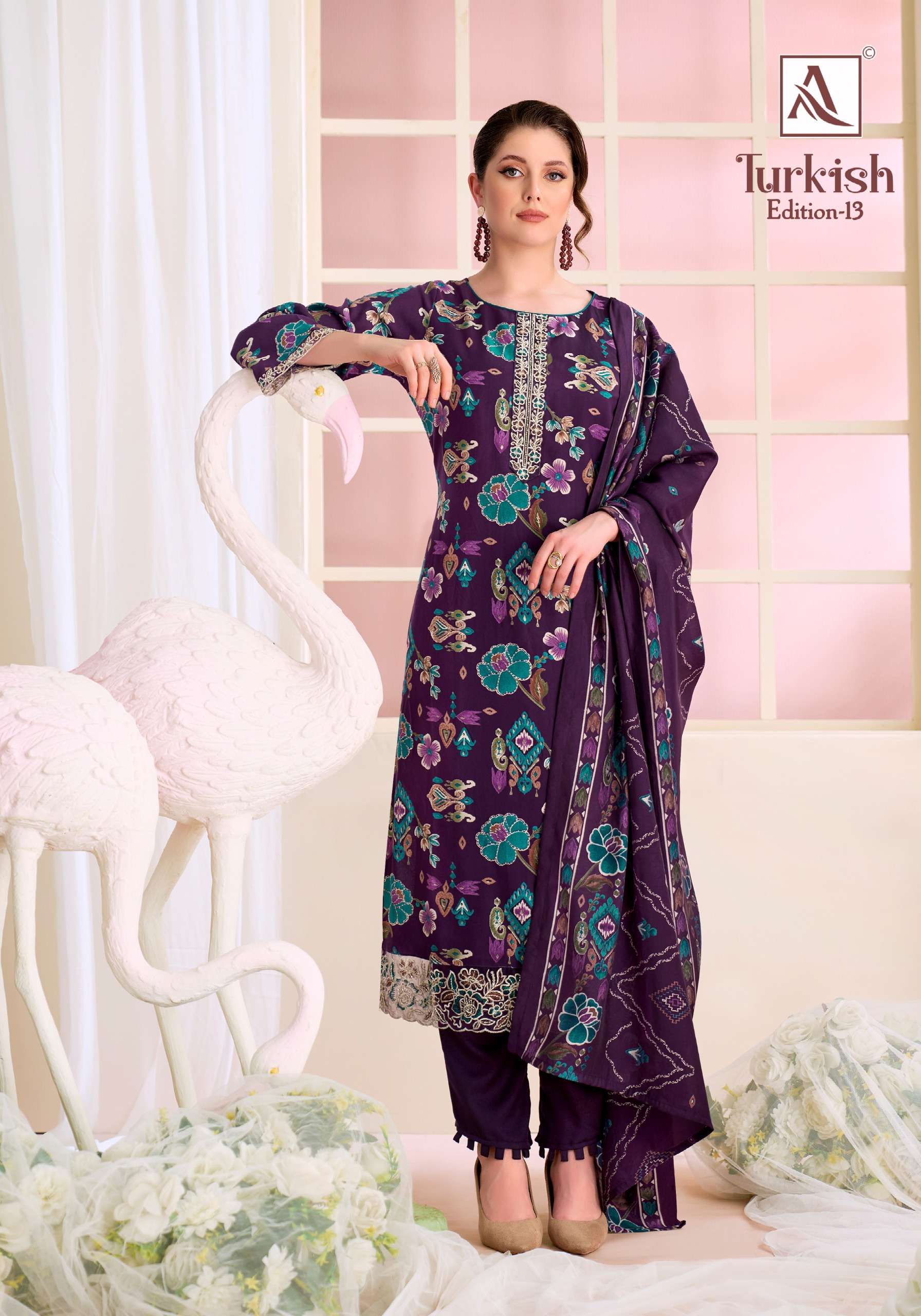 ALOK SUITS TURKISH EDITION 13 VISCOSE RAYON PRINT WITH FANCY WORK SUIT	