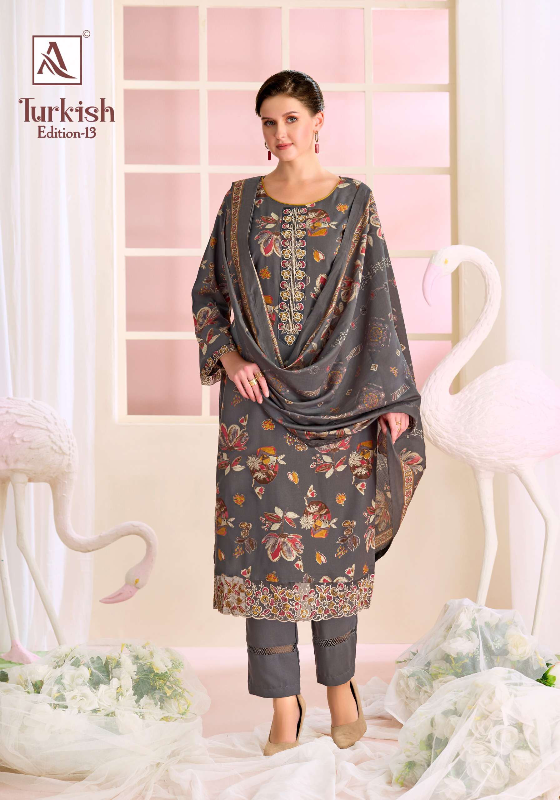 ALOK SUITS TURKISH EDITION 13 VISCOSE RAYON PRINT WITH FANCY WORK SUIT	