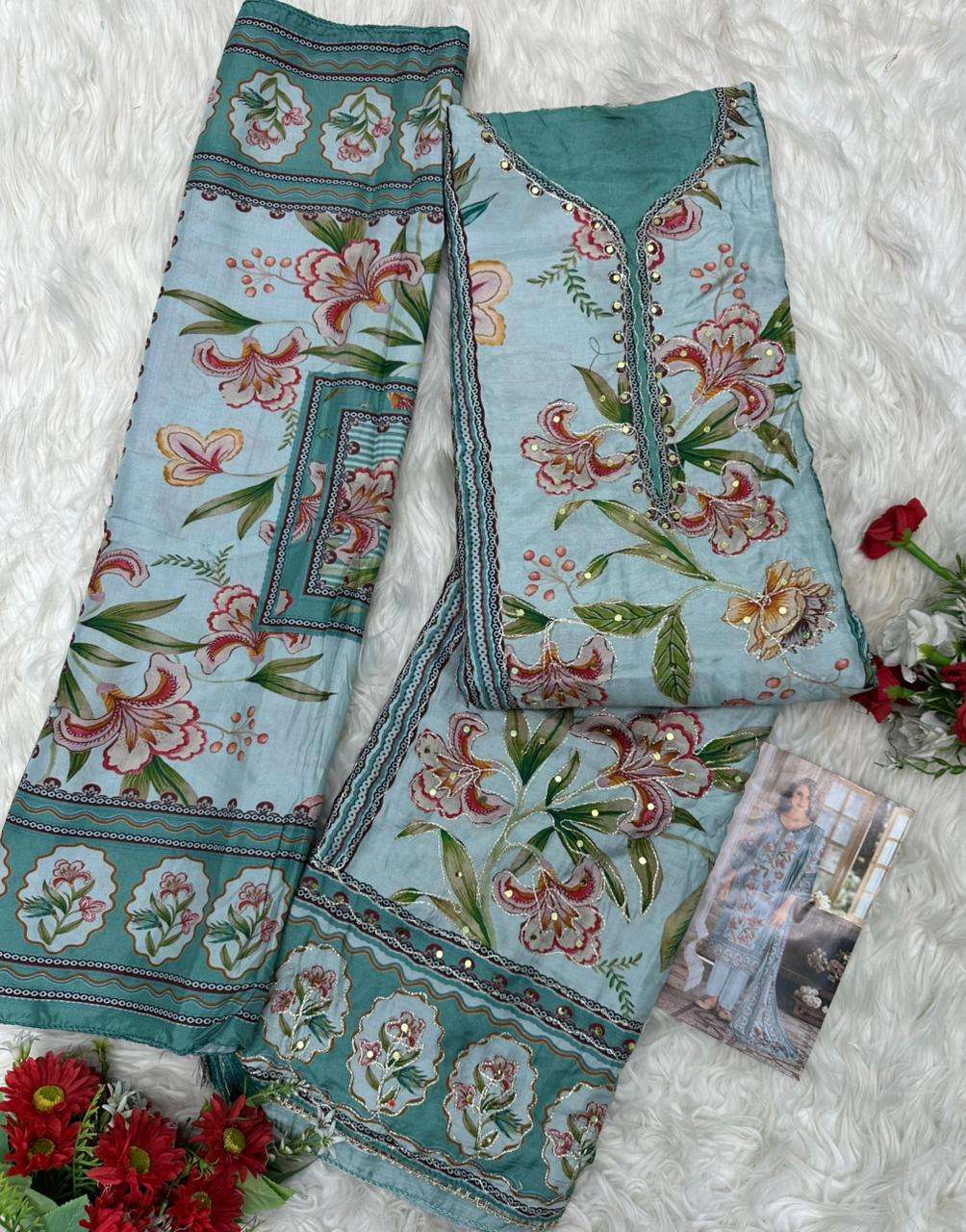 AMRUTVELA AT 219 VISCOSE DIGITAL PRINT WITH HAND WORK DESIGNER SUIT