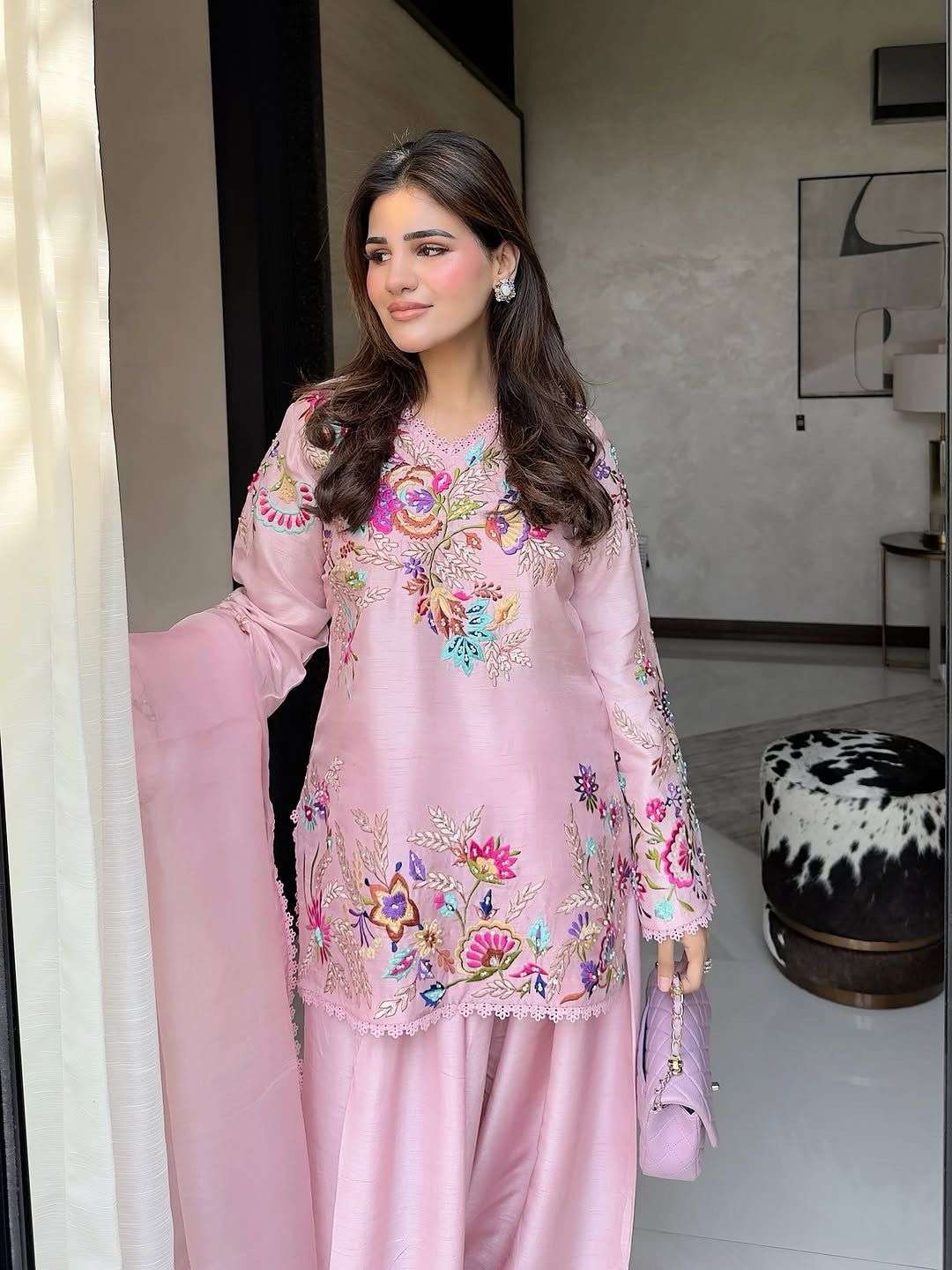 BE 469 SILK EMBROIDERY DESIGNER WORK FARSI SALWAR SUIT WITH DUPATTA SET
