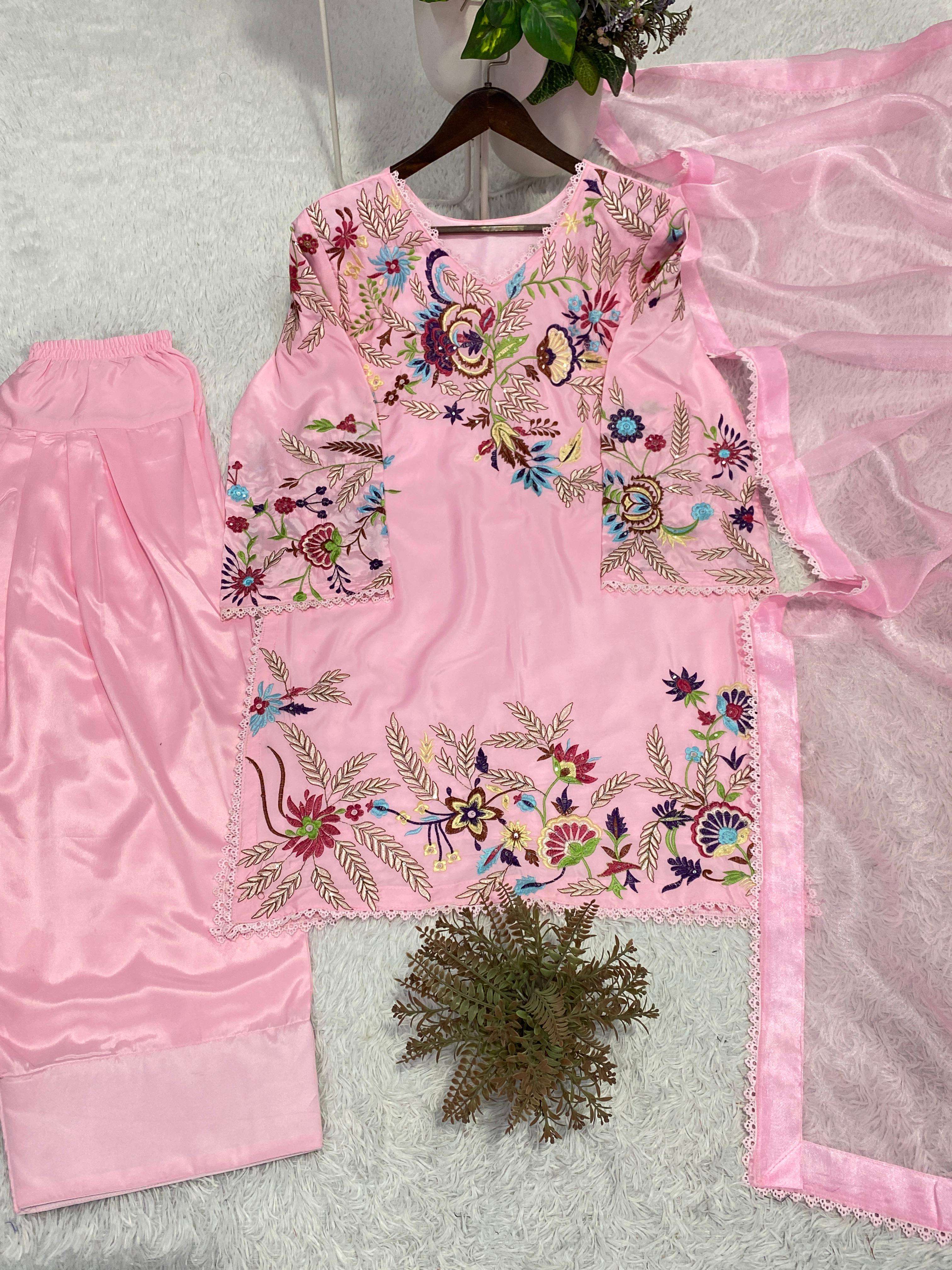 BE 469 SILK EMBROIDERY DESIGNER WORK FARSI SALWAR SUIT WITH DUPATTA SET