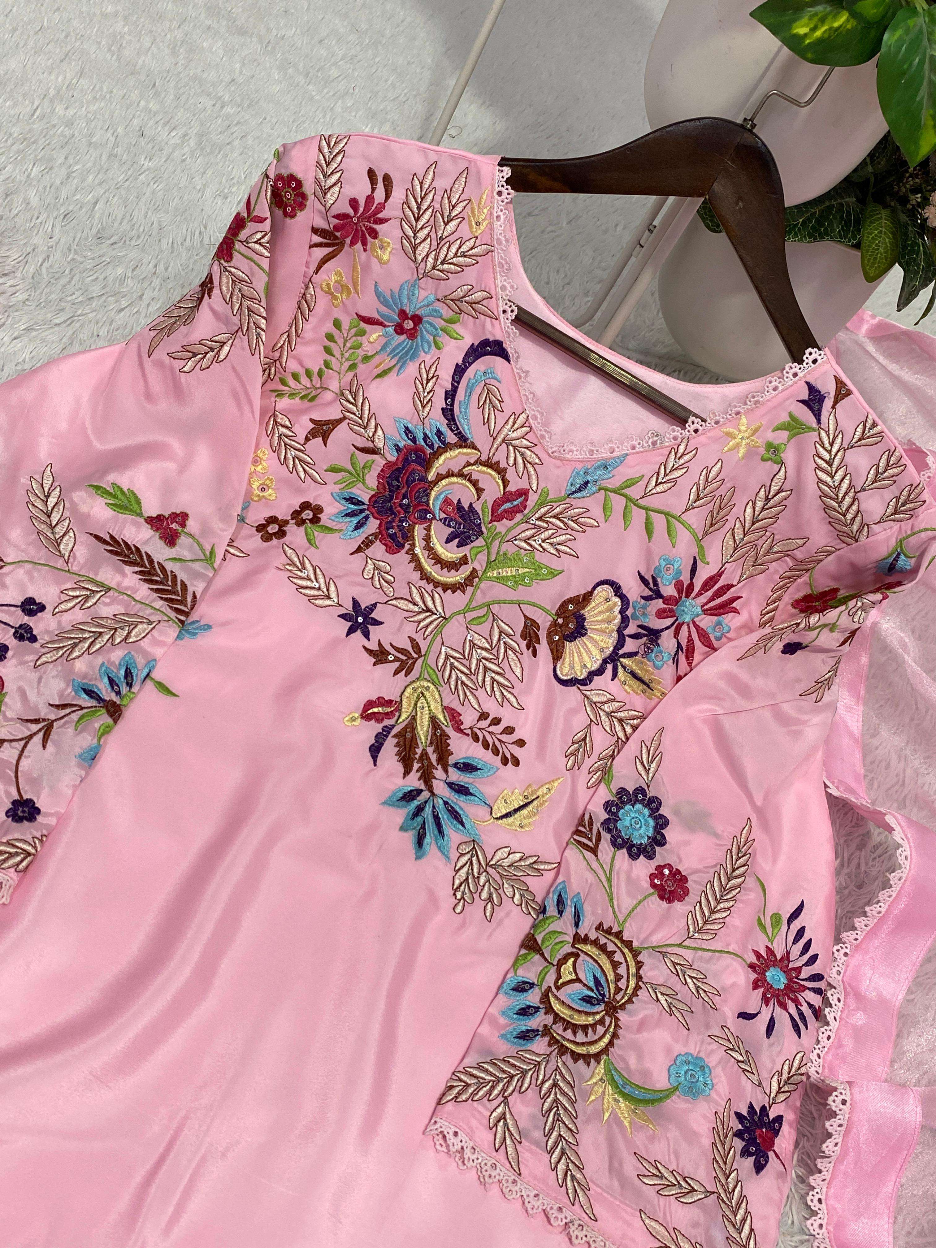 BE 469 SILK EMBROIDERY DESIGNER WORK FARSI SALWAR SUIT WITH DUPATTA SET