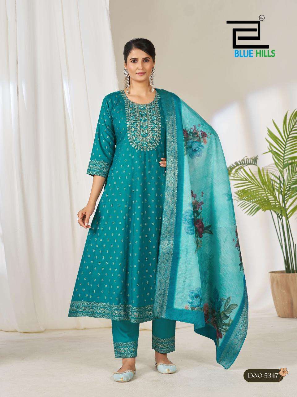 BLUE HILLS GEMINI RAYON FANCY WORK LADIES ANARKALI STYLE KURTI BOTTOM AND DUPATTA SET 