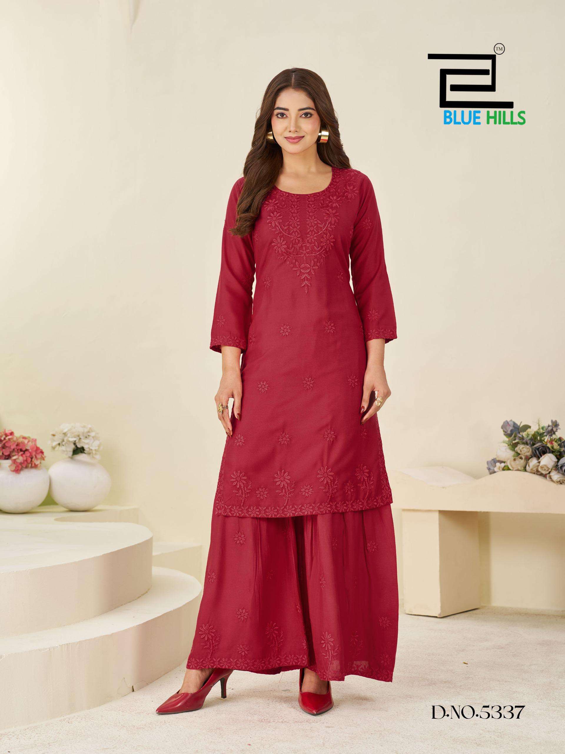 BLUE HILLS HEENAZ VOL 5 RAYON FANCY LUCKNOWI WORKS STYLE LADIES KURTI WITH SHARARA 