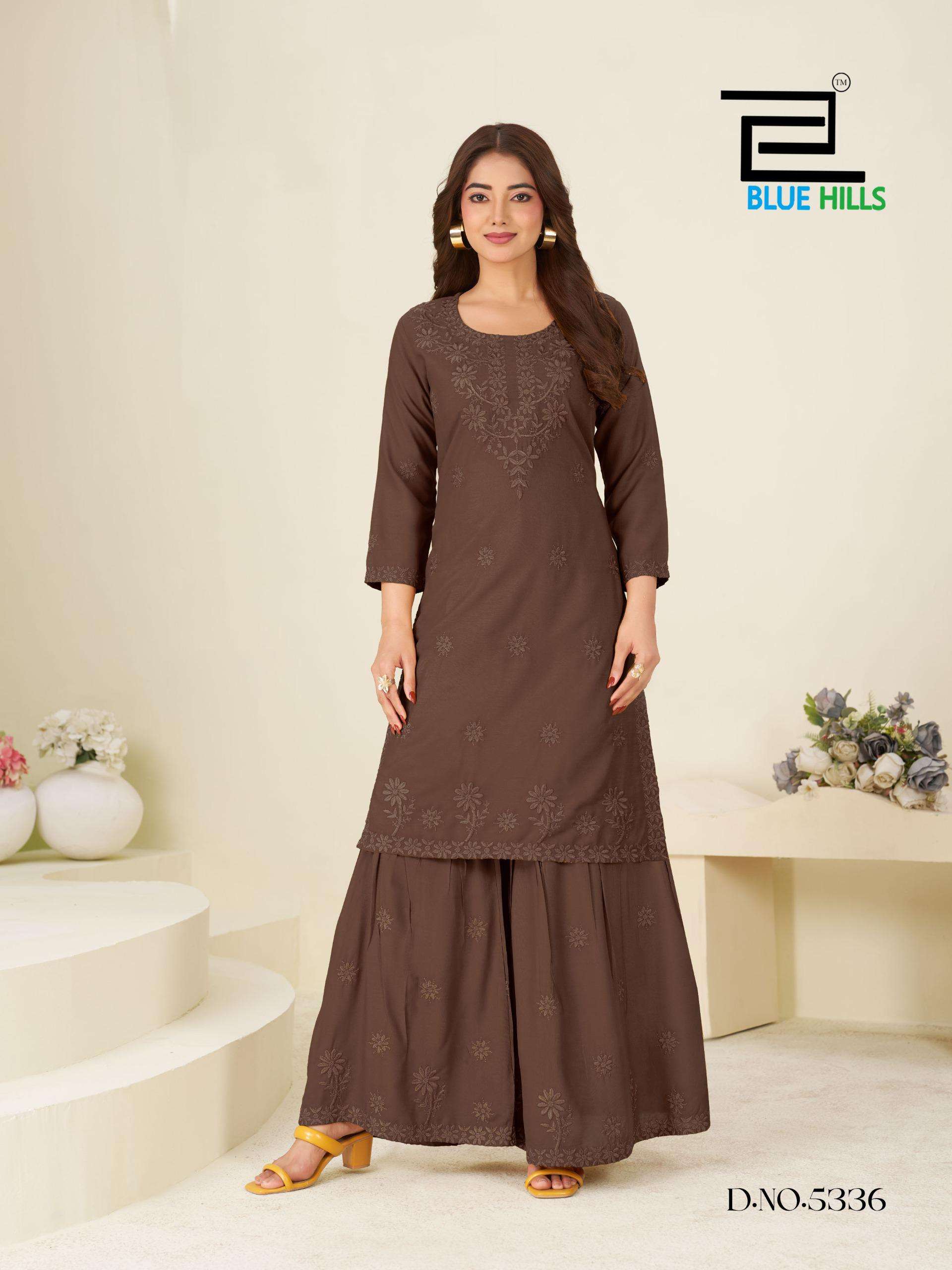 BLUE HILLS HEENAZ VOL 5 RAYON FANCY LUCKNOWI WORKS STYLE LADIES KURTI WITH SHARARA 