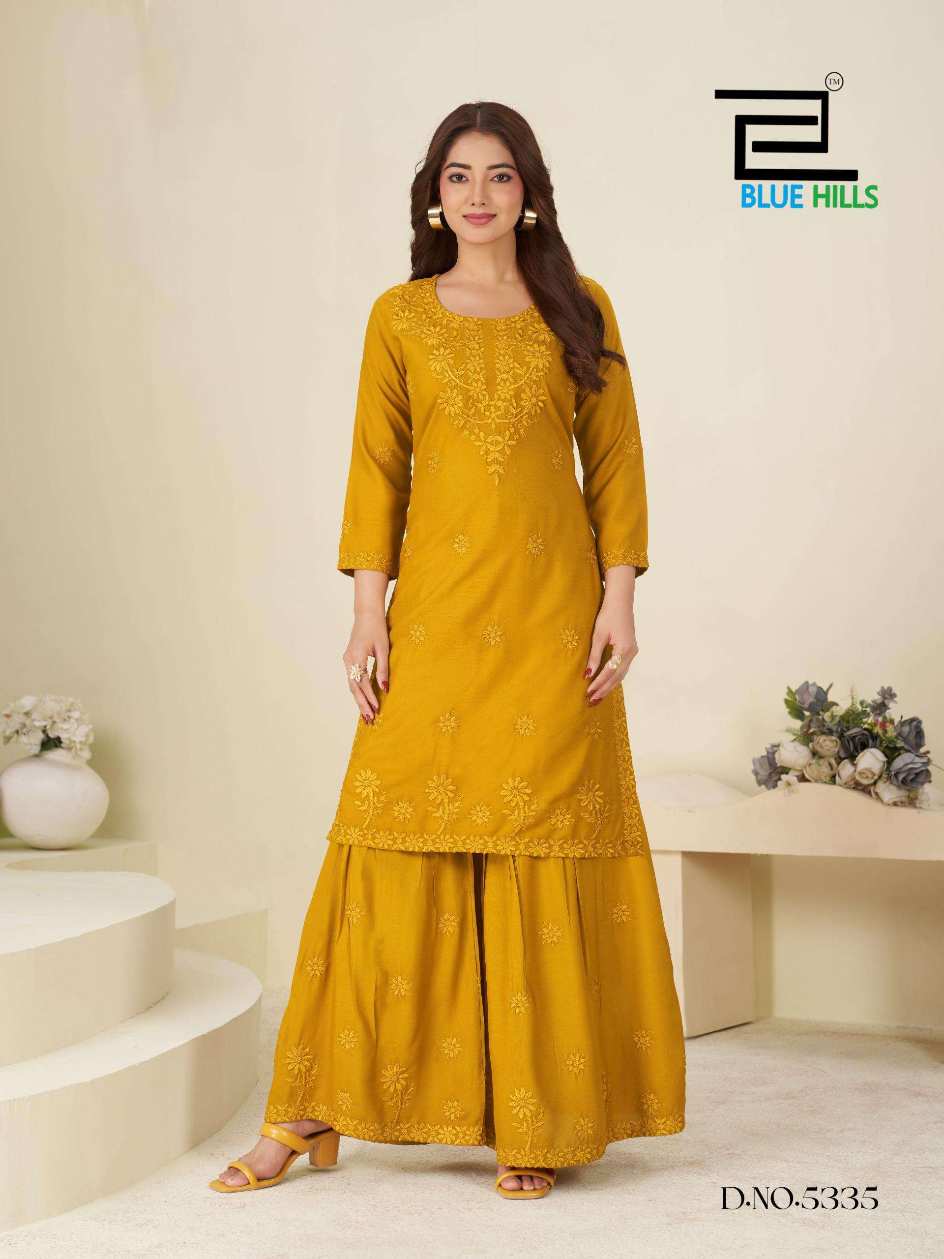BLUE HILLS HEENAZ VOL 5 RAYON FANCY LUCKNOWI WORKS STYLE LADIES KURTI WITH SHARARA 