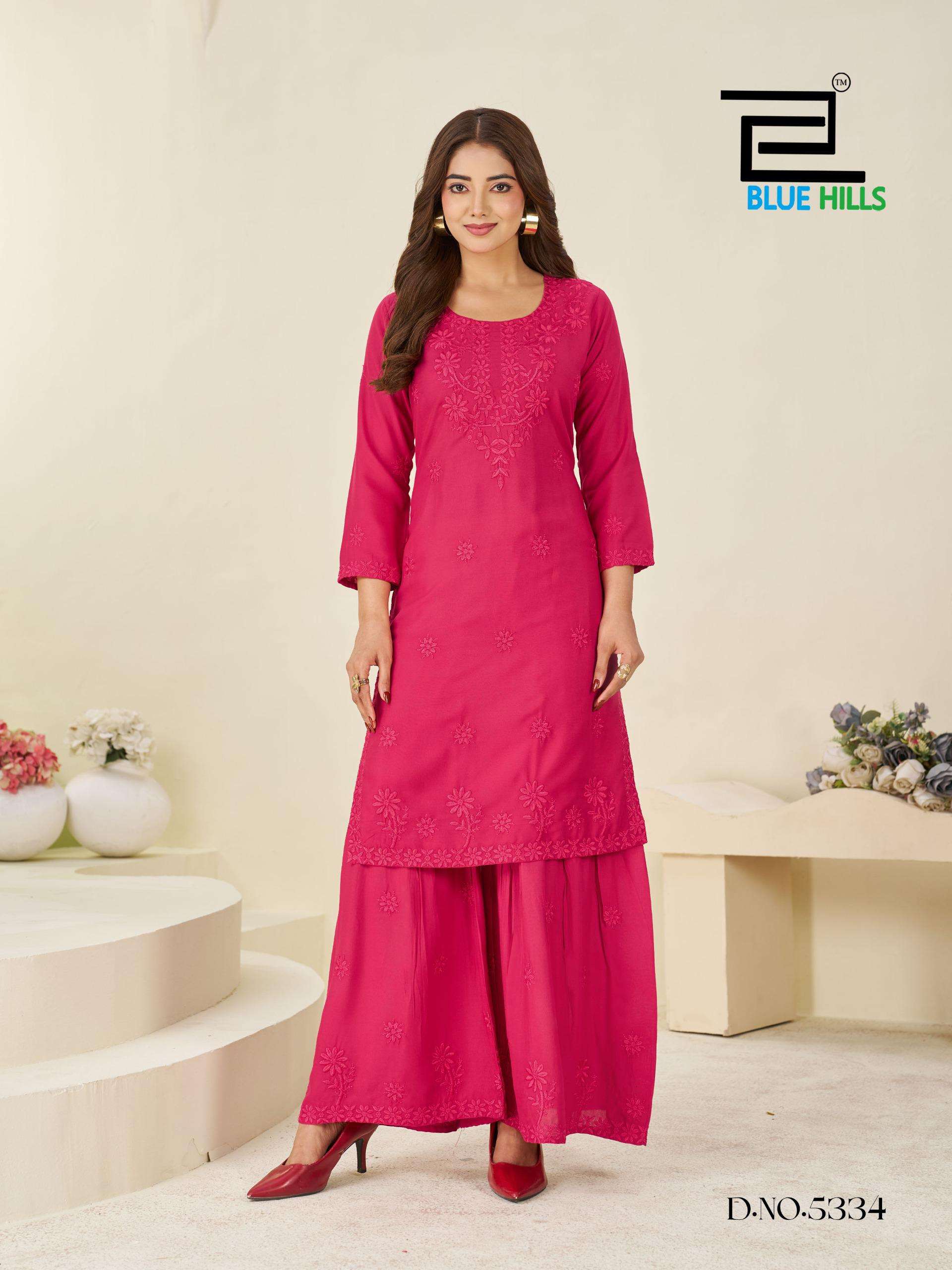 BLUE HILLS HEENAZ VOL 5 RAYON FANCY LUCKNOWI WORKS STYLE LADIES KURTI WITH SHARARA 