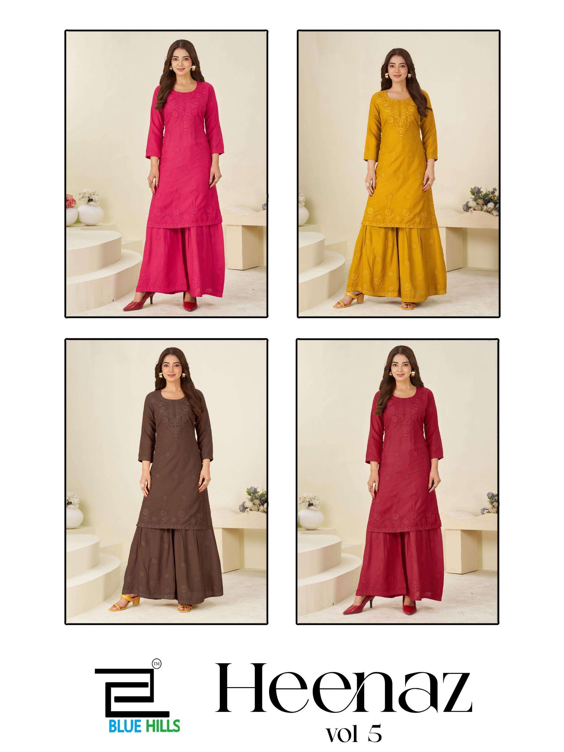 BLUE HILLS HEENAZ VOL 5 RAYON FANCY LUCKNOWI WORKS STYLE LADIES KURTI WITH SHARARA 
