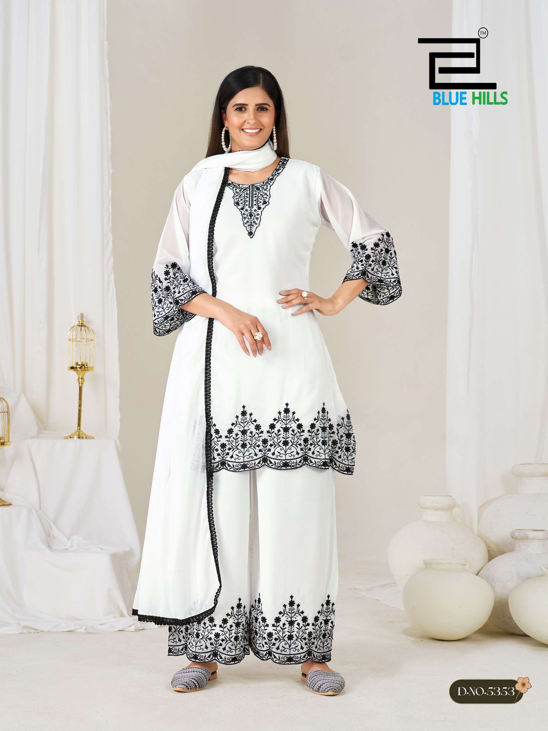 BLUE HILLS MAHNOOR BLACK AND WHITE GEORGETTE FANCY WORK LADIES 3PCS SET COLLECTION 