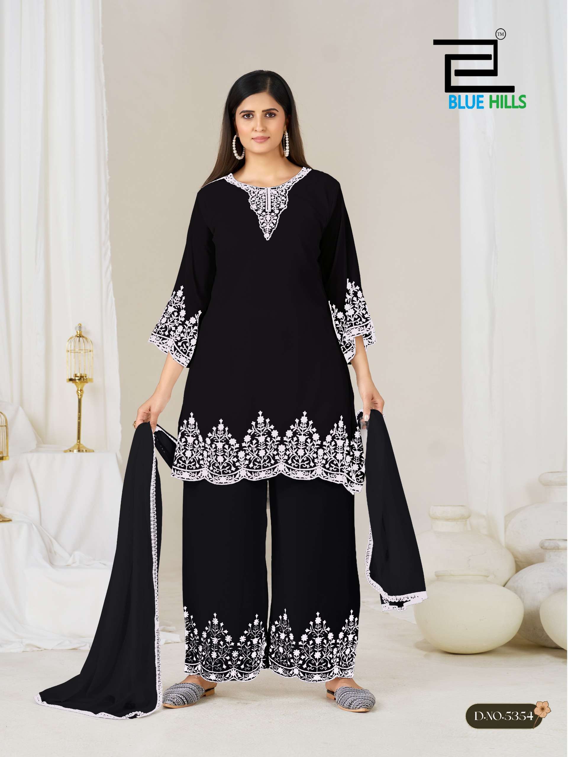 BLUE HILLS MAHNOOR BLACK AND WHITE GEORGETTE FANCY WORK LADIES 3PCS SET COLLECTION 