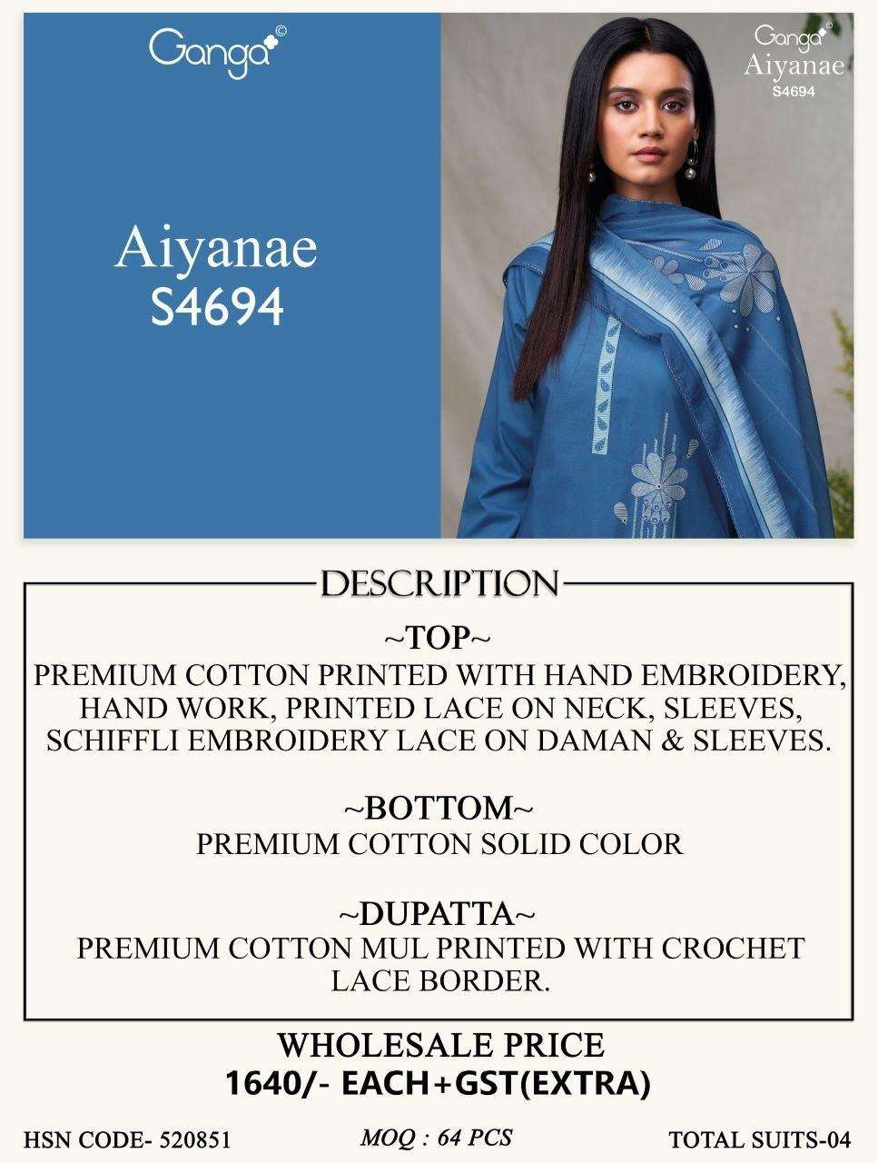 GANGA AIYANAE 4694 COTTON PRINTED WITH DESIGNER WORK SUIT