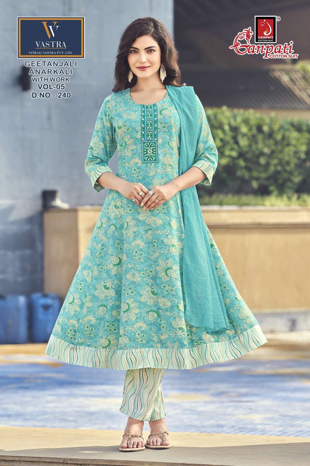 GANPATI GEETANJALI ANARKALI VOL 5 RAYON PRINT LADIES KURTI BOTTOM AND DUPATTA SET 