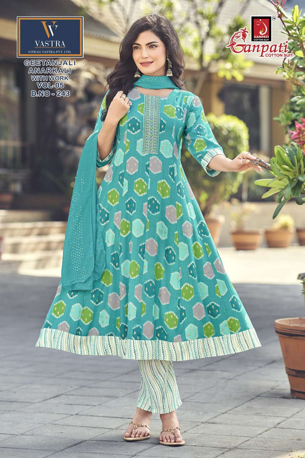 GANPATI GEETANJALI ANARKALI VOL 5 RAYON PRINT LADIES KURTI BOTTOM AND DUPATTA SET 