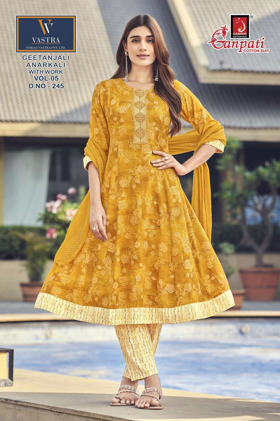 GANPATI GEETANJALI ANARKALI VOL 5 RAYON PRINT LADIES KURTI BOTTOM AND DUPATTA SET 