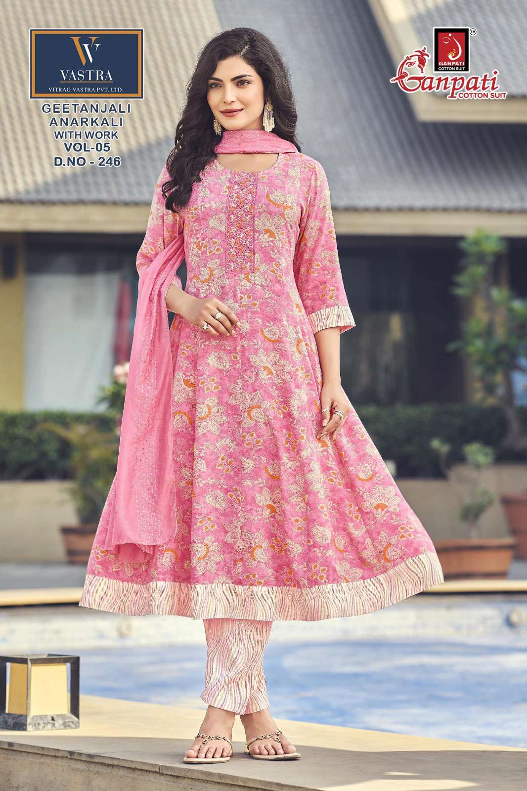GANPATI GEETANJALI ANARKALI VOL 5 RAYON PRINT LADIES KURTI BOTTOM AND DUPATTA SET 
