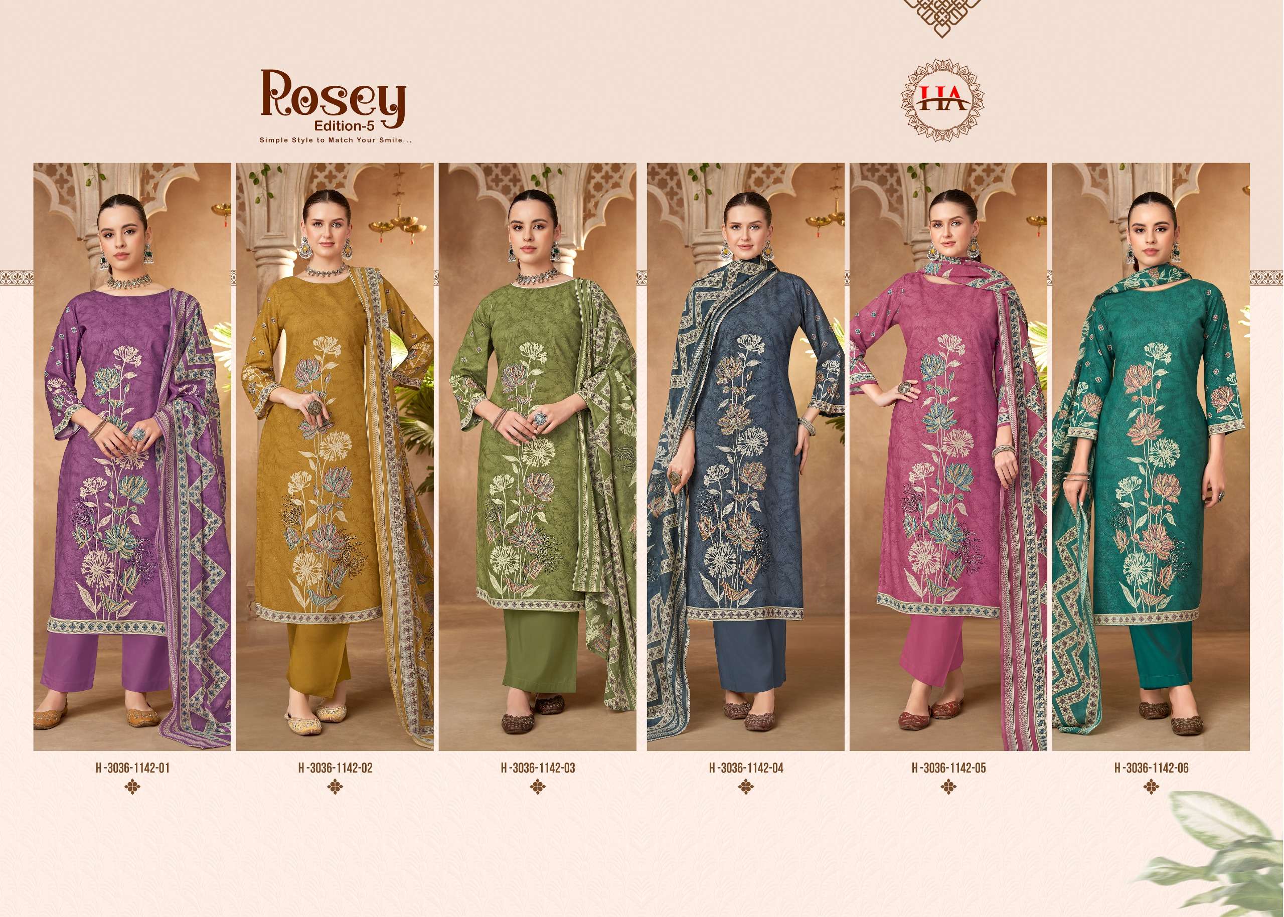 HARSHIT FASHION HUB ROSEY VOL 5 JAM COTTON PRINT WITH FANCY WORK SUIT