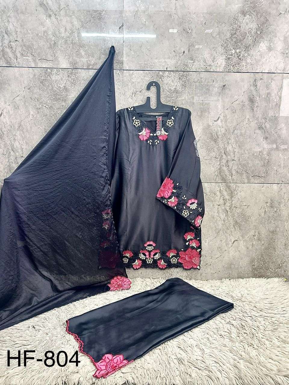 HOOR TEX HF 804 SATIN BEAUTIFUL EMBROIDERY DESIGNER WORK READY MADE SUIT