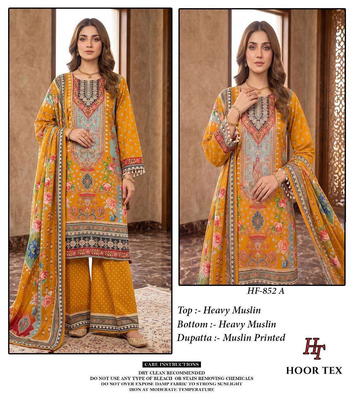 HOOR TEX HF 834 & HF 852 MUSLIN DIGITAL PRINT WITH DESIGNER WORK READY MADE PAKISTANI SUIT