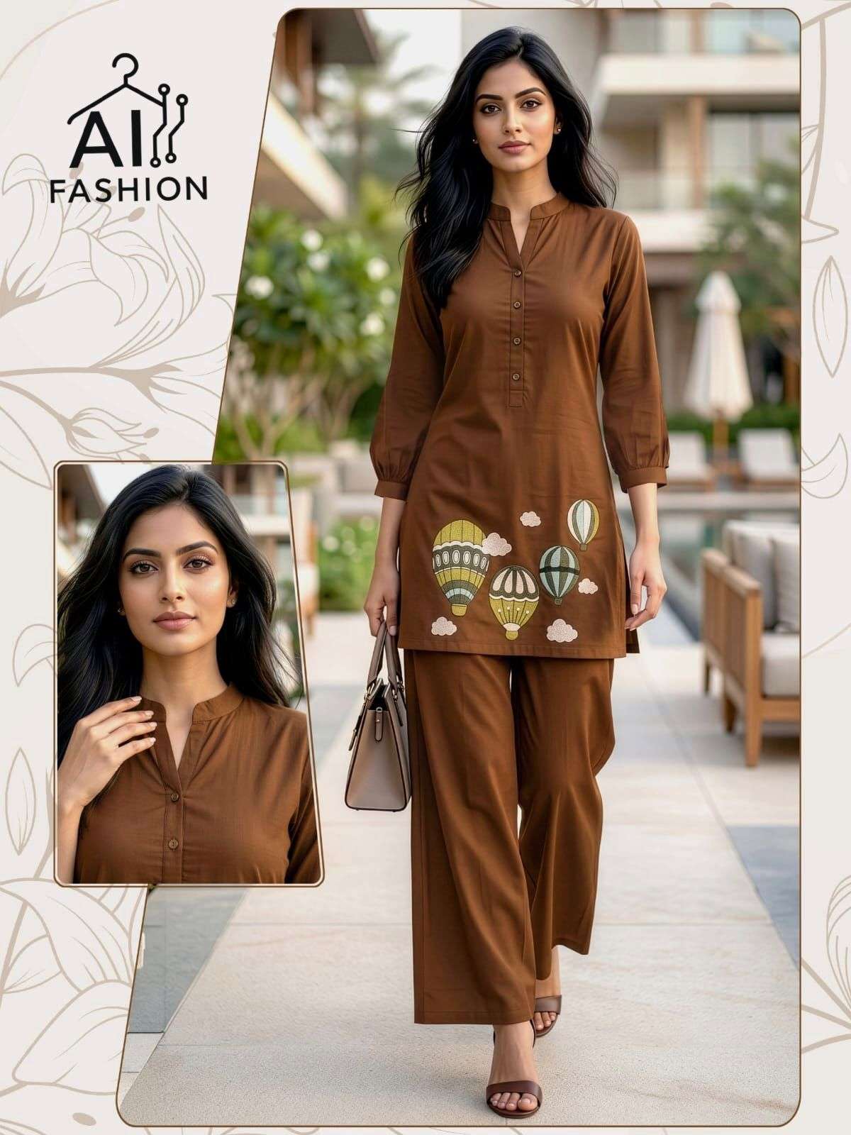INLI HOT AI BALLOON COTTON FANCY WORKS LADIES CO-ORD SET