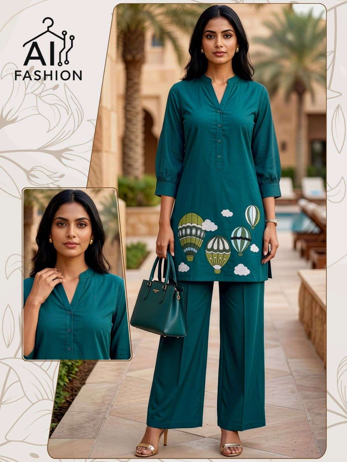 INLI HOT AI BALLOON COTTON FANCY WORKS LADIES CO-ORD SET
