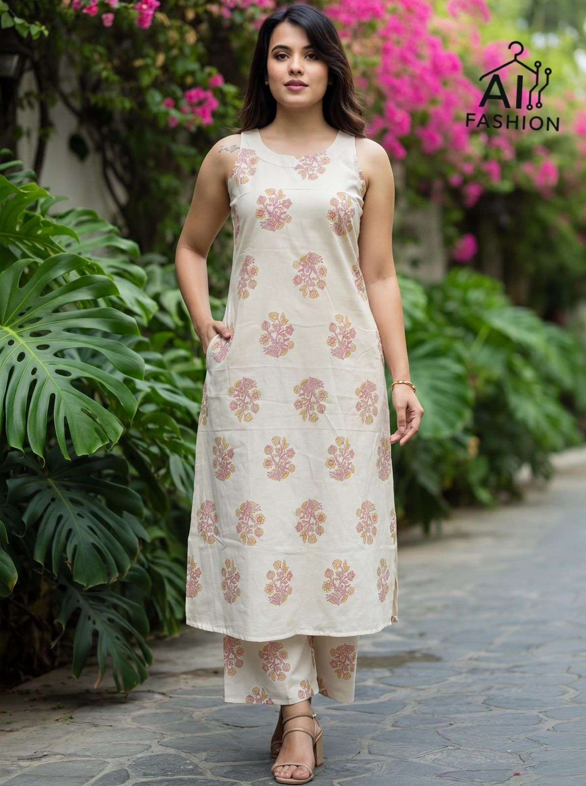 INLI SUMMER SPECIAL 2.0 COTTON PRINT LONG FLARED KURTI WITH BOTTOM PAIR 