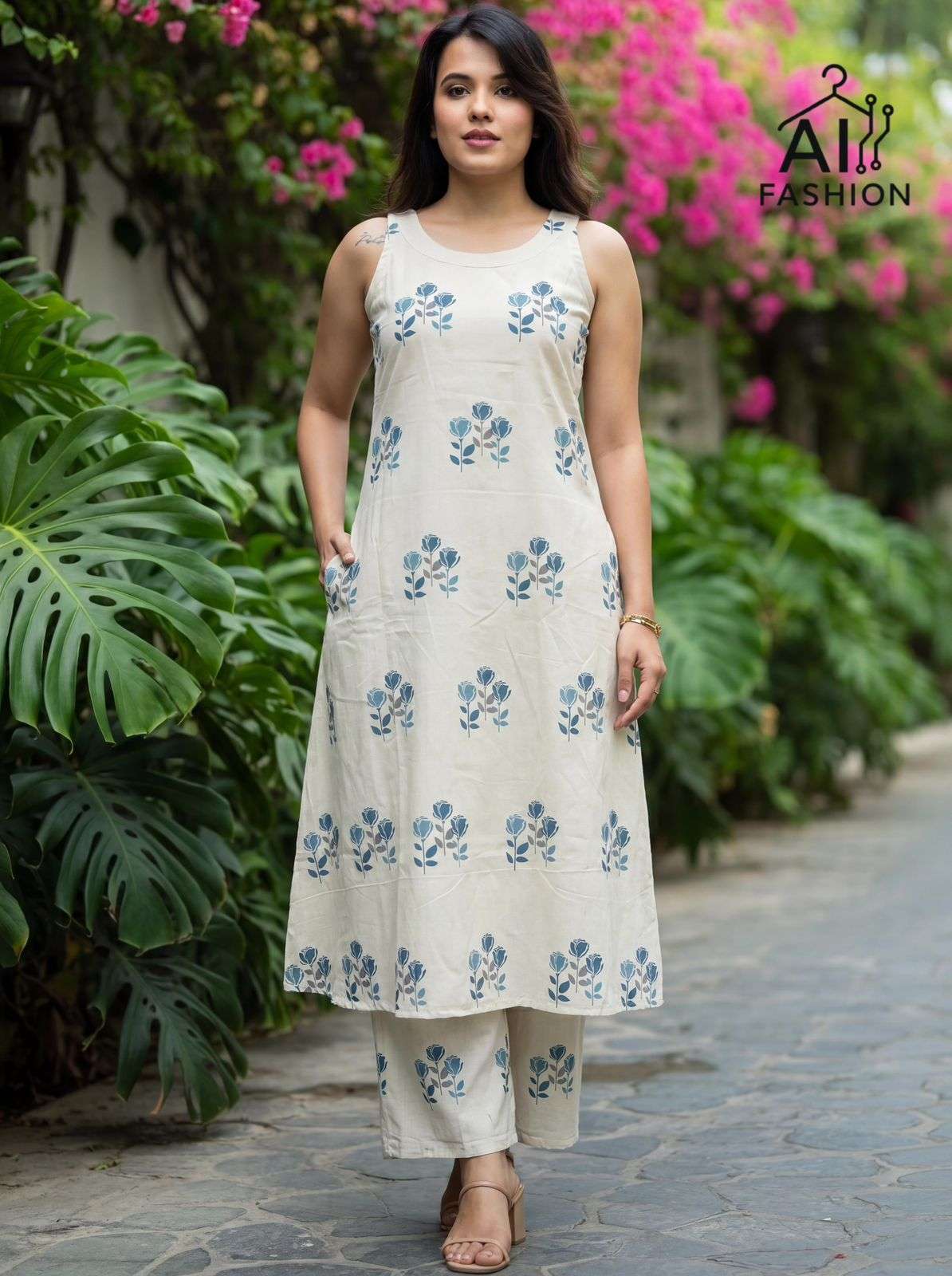 INLI SUMMER SPECIAL 2.0 COTTON PRINT LONG FLARED KURTI WITH BOTTOM PAIR 
