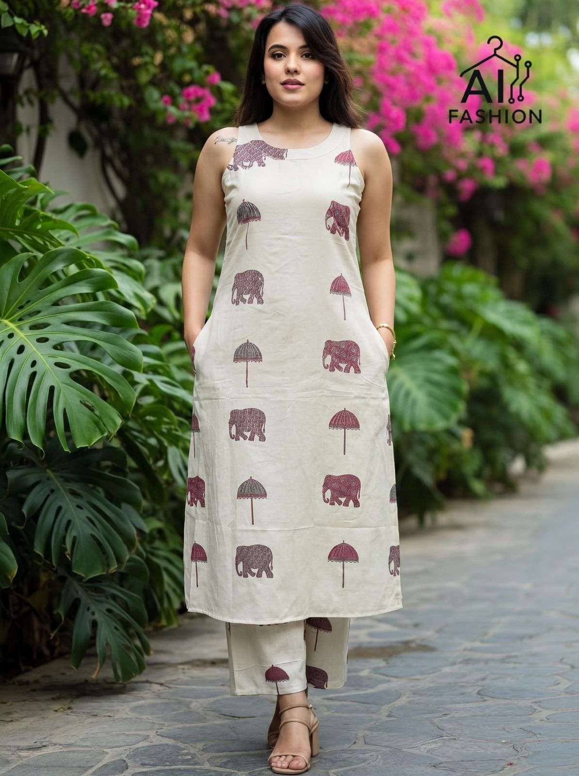 INLI SUMMER SPECIAL 2.0 COTTON PRINT LONG FLARED KURTI WITH BOTTOM PAIR 