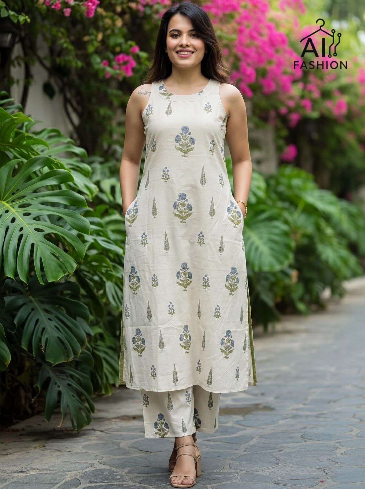 INLI SUMMER SPECIAL 2.0 COTTON PRINT LONG FLARED KURTI WITH BOTTOM PAIR 